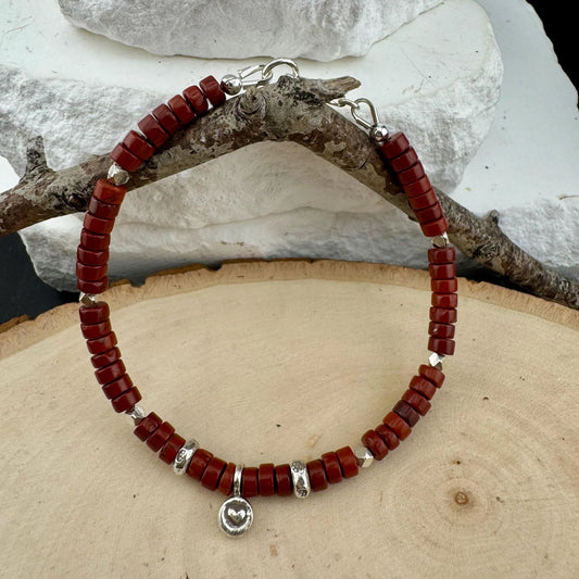 Red Jasper Bracelet – Sterling Silver Heart Charm, Grounding Gemstone Jewelry, Stackable & Handmade