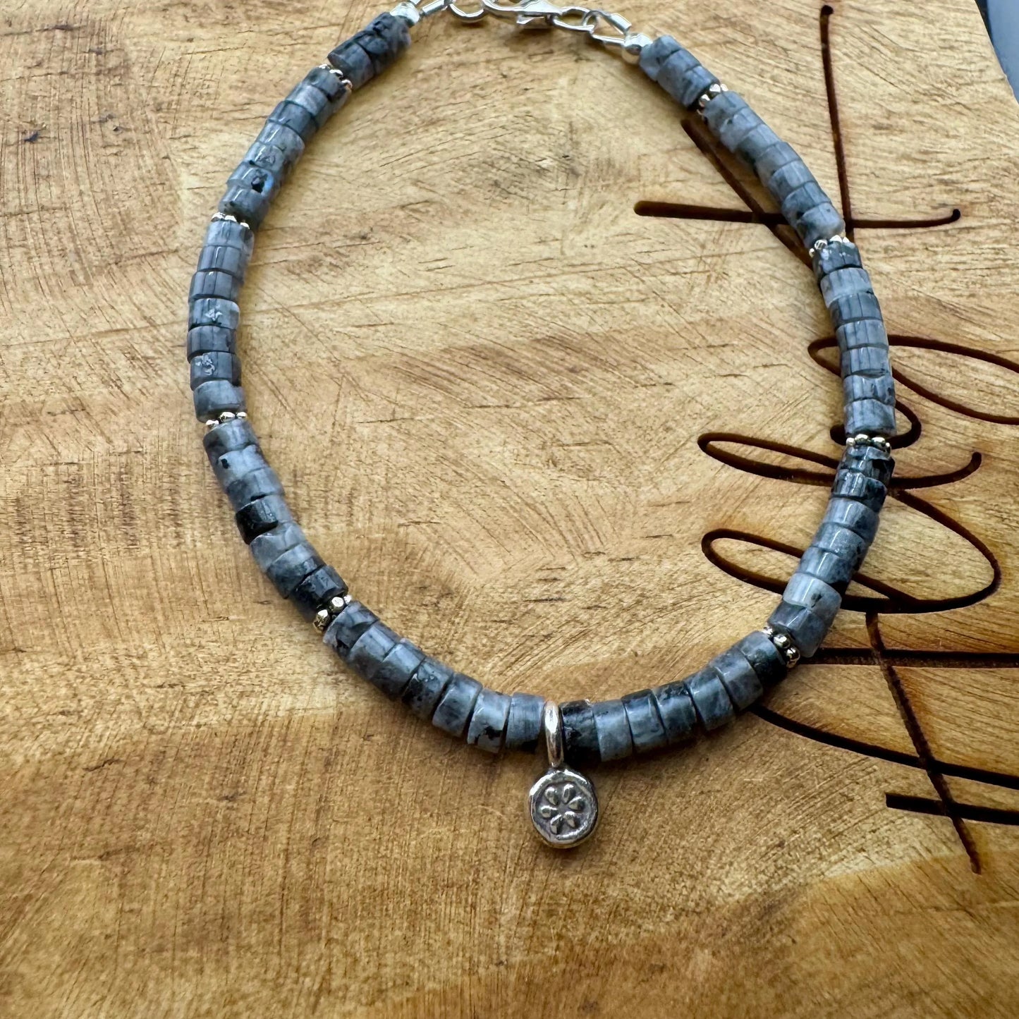 Larvikite Gemstone Bracelet: Sterling Silver, Black Labradorite, Protection