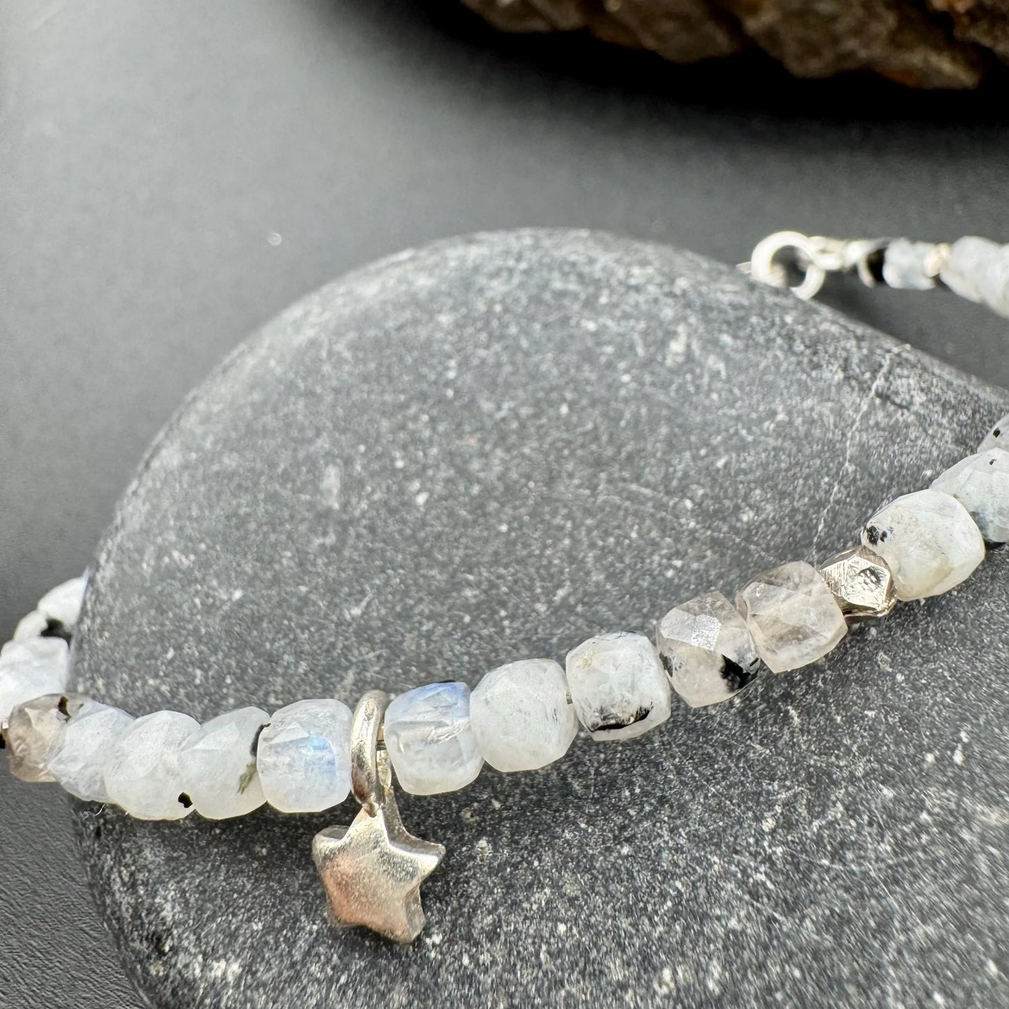 Rainbow Moonstone Sterling Silver Bracelet – Cube Beads with Star Charm | Stackable Gemstone Jewelry