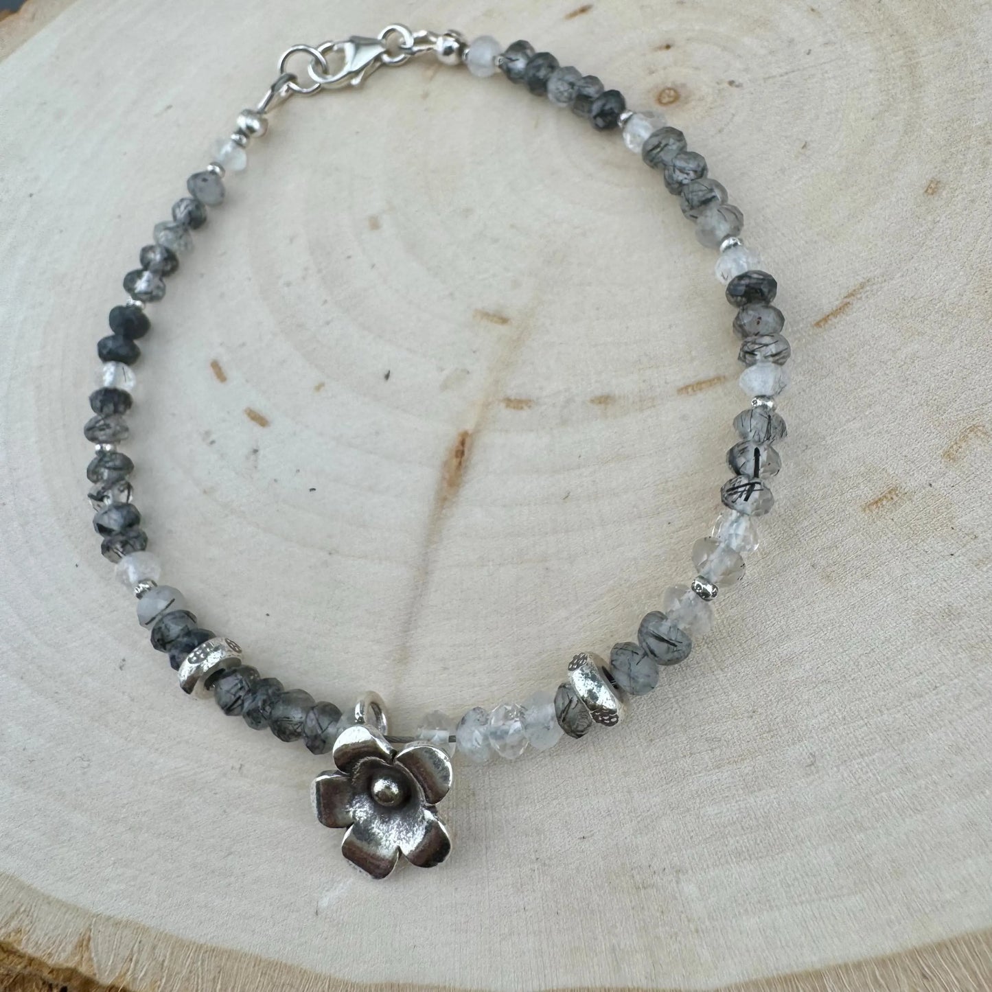 Black Tourmaline Rutilated Quartz Bracelet, Sterling Silver Gemstone Bracelet, Tourmaline Bracelet