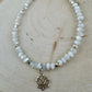 Mother of Pearl bracelet with lotus flower charm/ sterling silver beaded gemstone bracelet