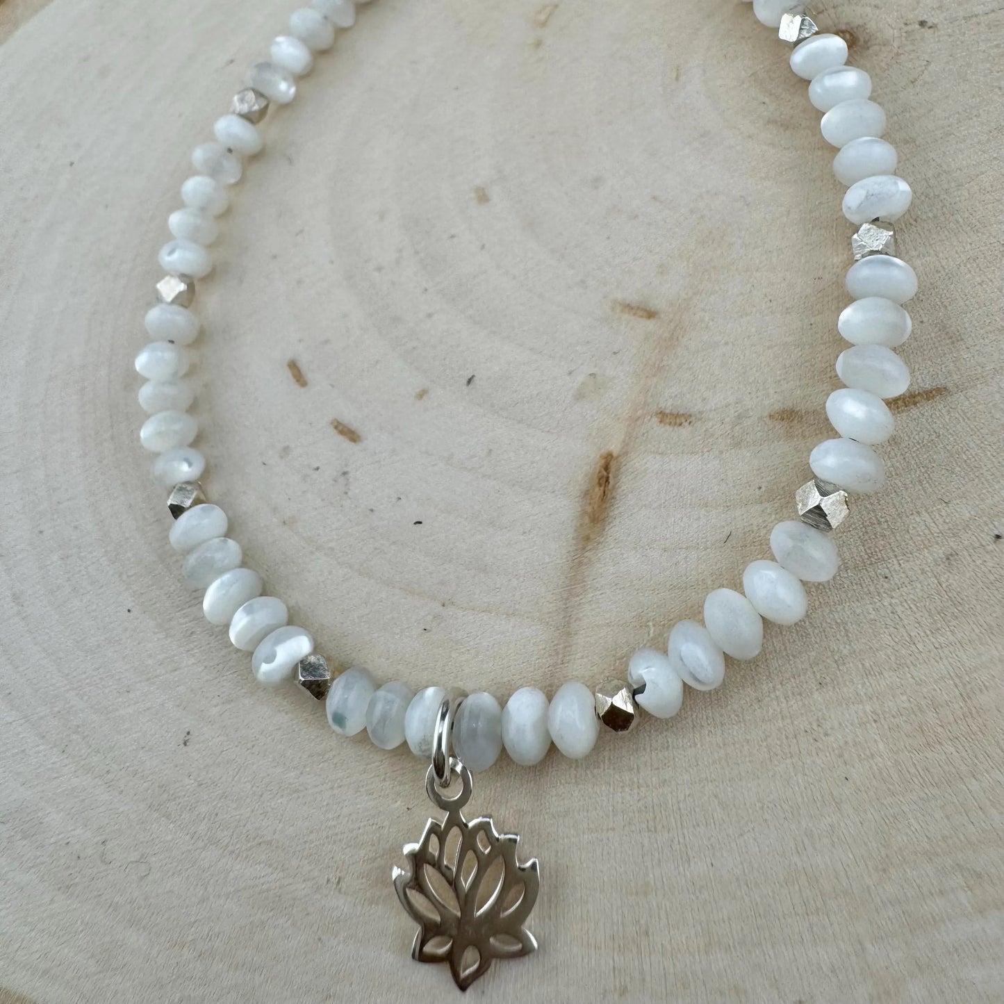 Mother of Pearl bracelet with lotus flower charm/ sterling silver beaded gemstone bracelet