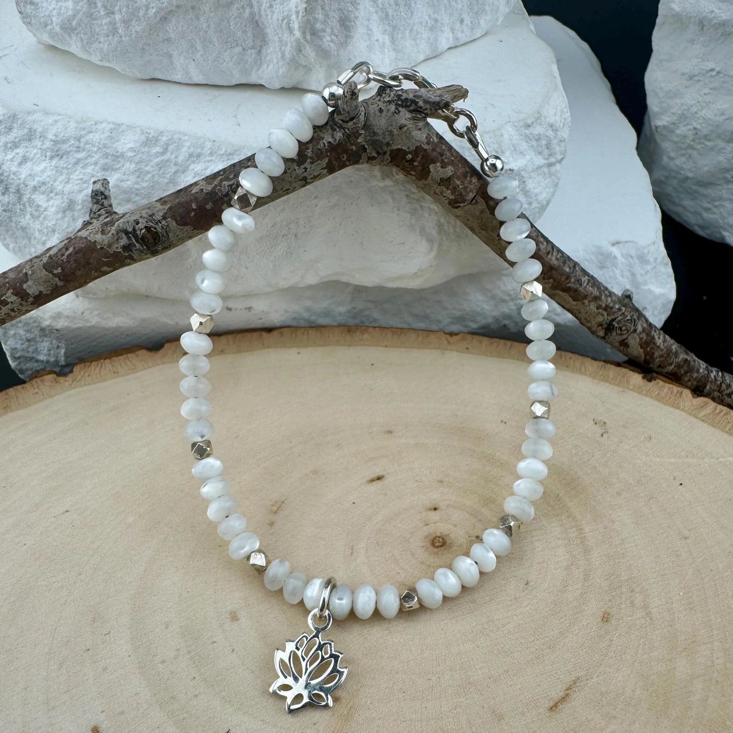 Mother of Pearl bracelet with lotus flower charm/ sterling silver beaded gemstone bracelet