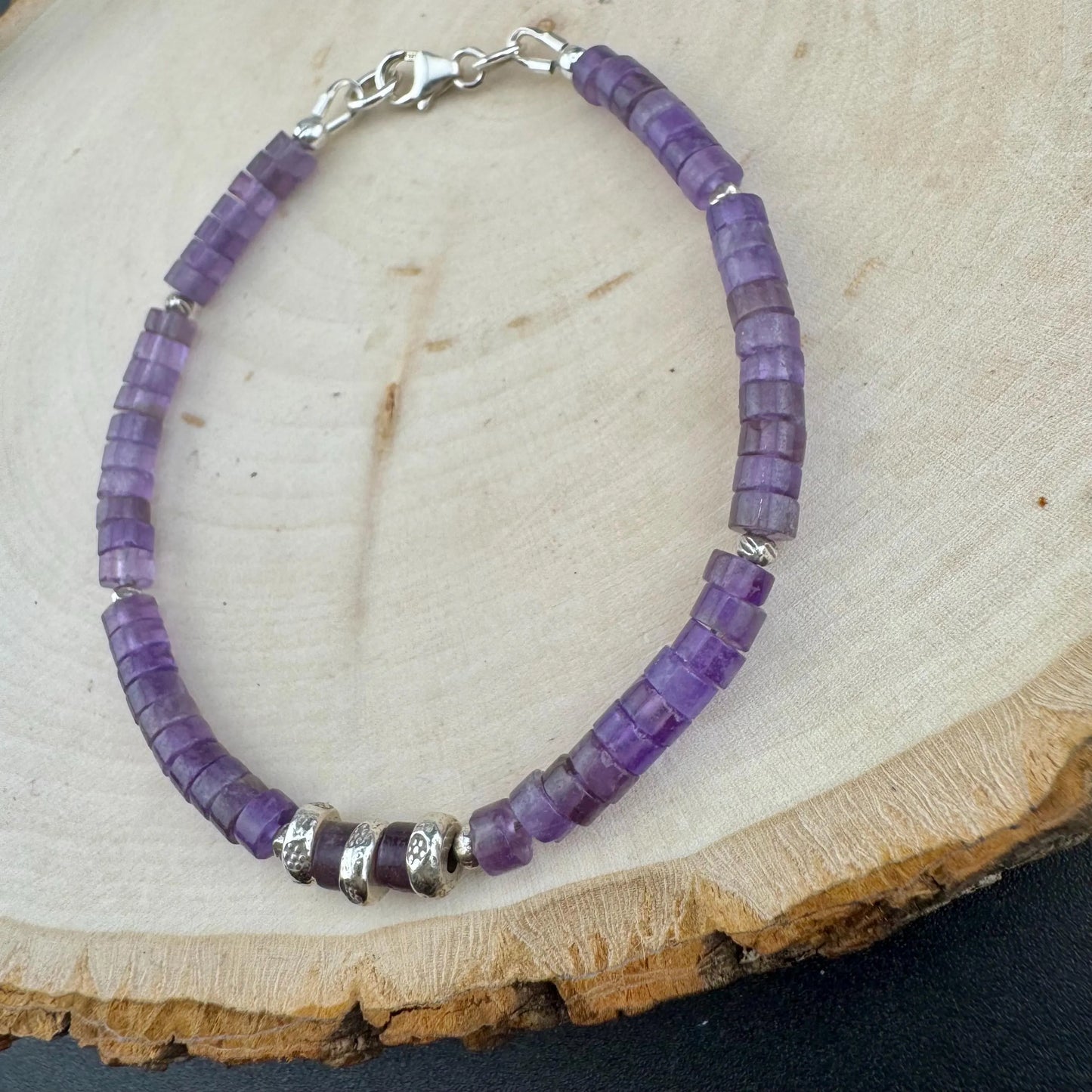 Amethyst Gemstone Beaded Bracelet, Sterling Silver Bracelet