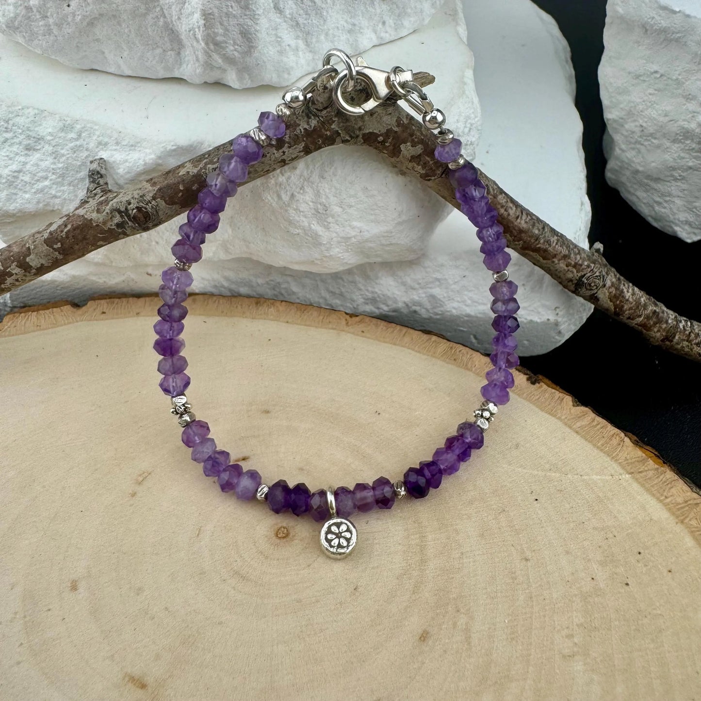 Purple Amethyst Sterling Silver Beaded Bracelet, Gemstone Bracelet