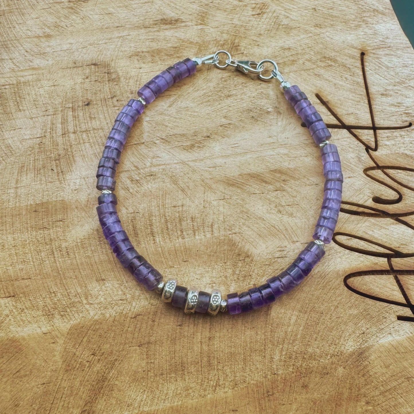 Amethyst Gemstone Beaded Bracelet, Sterling Silver Bracelet