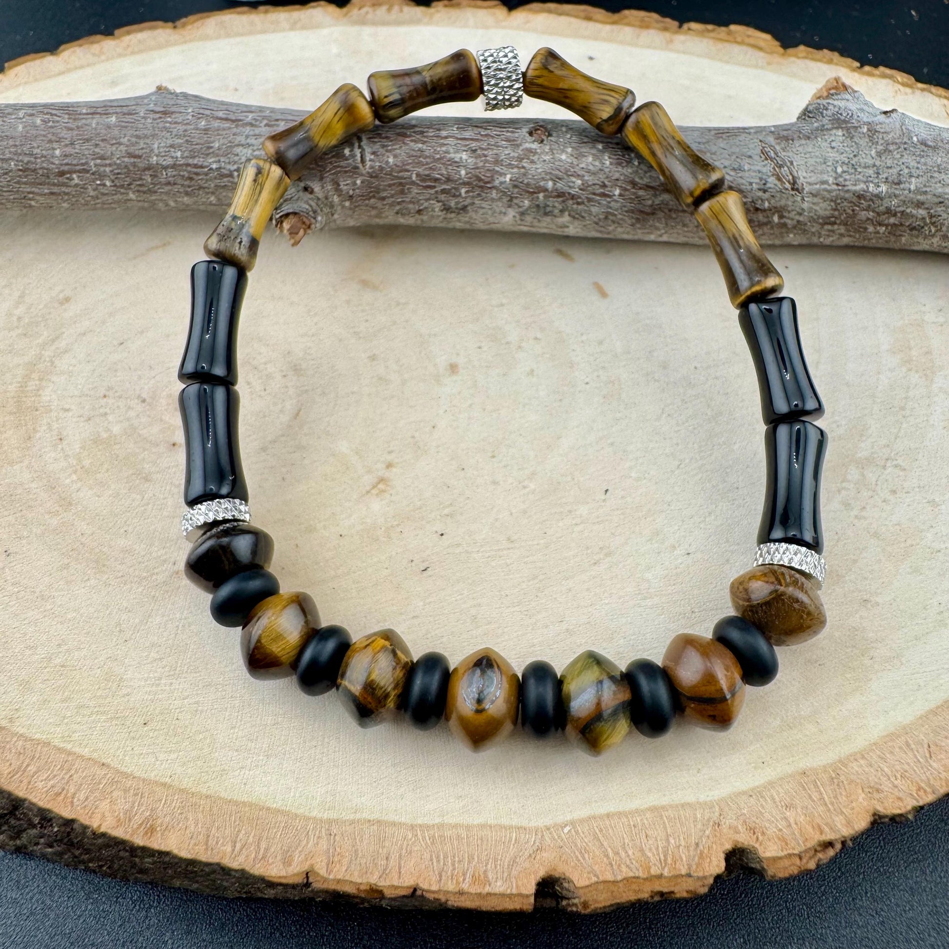 Tiger's Eye and Onyx Stretch Bracelet - Natural Gemstone Jewelry