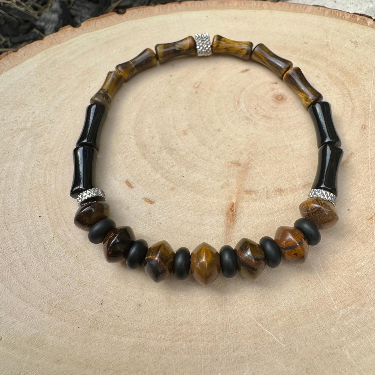 Tiger's Eye and Onyx Stretch Bracelet - Natural Gemstone Jewelry