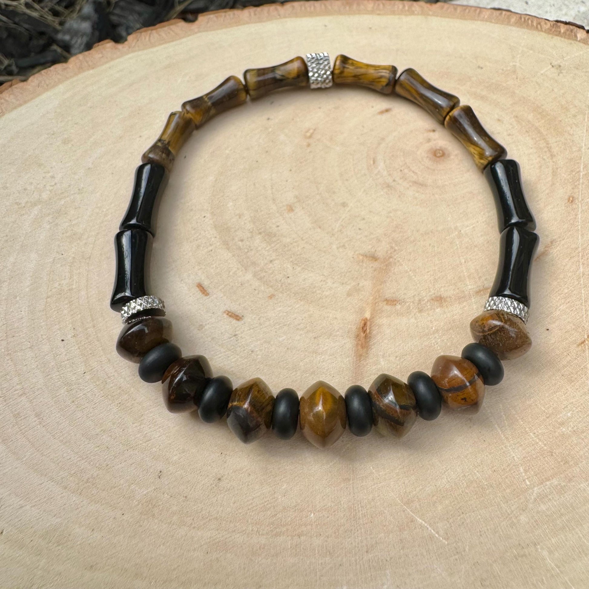 Tiger's Eye and Onyx Stretch Bracelet - Natural Gemstone Jewelry