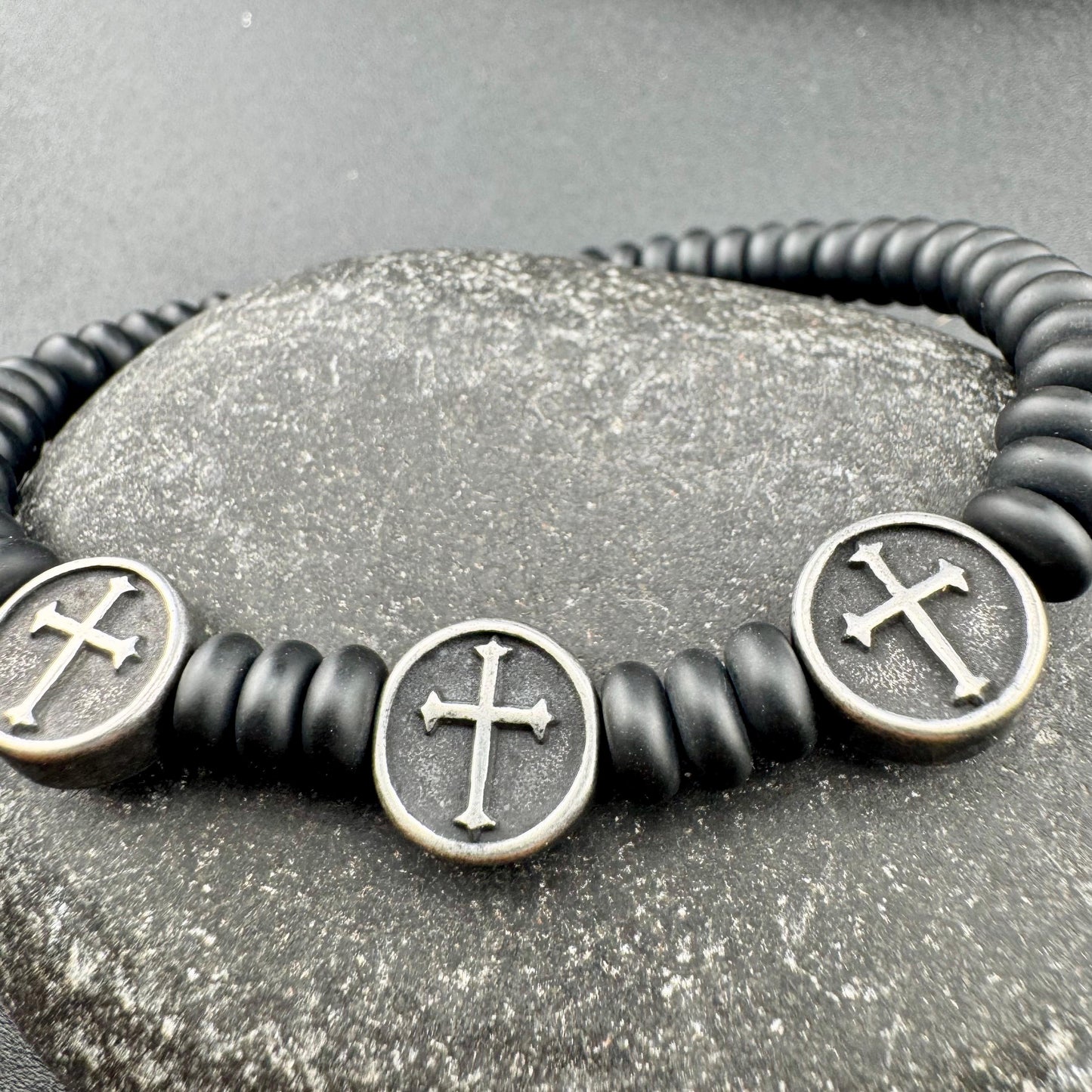 Onyx Stretch Bracelet with Stainless Steel Crosses, Stretch Gemstone Jewelry