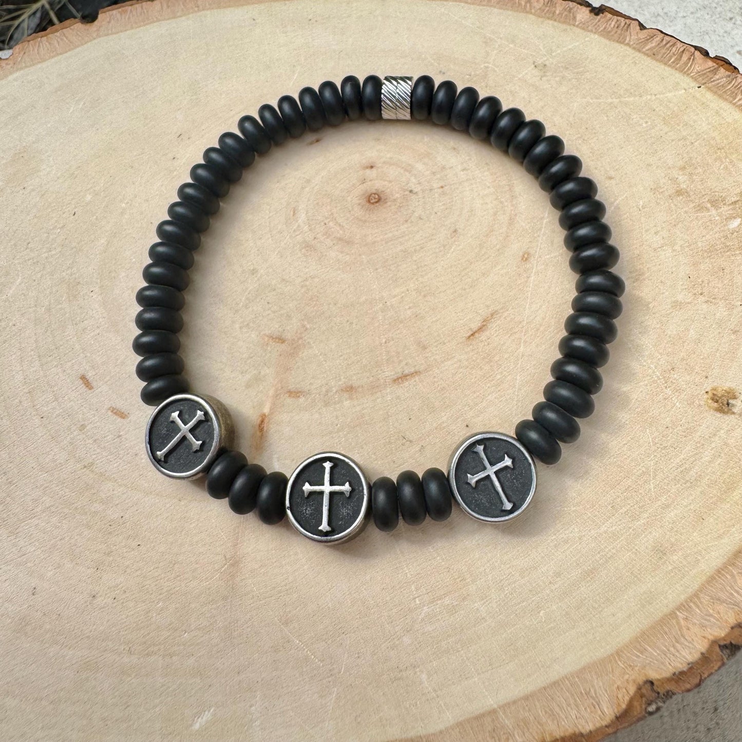 Onyx Stretch Bracelet with Stainless Steel Crosses, Stretch Gemstone Jewelry
