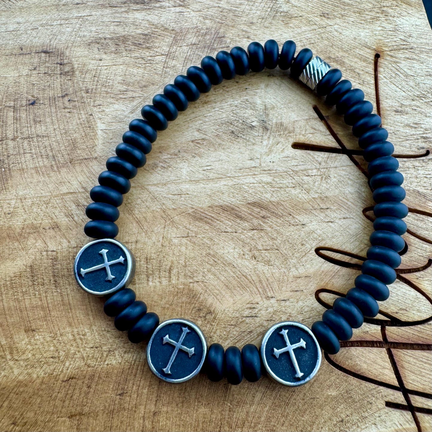 Onyx Stretch Bracelet with Stainless Steel Crosses, Stretch Gemstone Jewelry