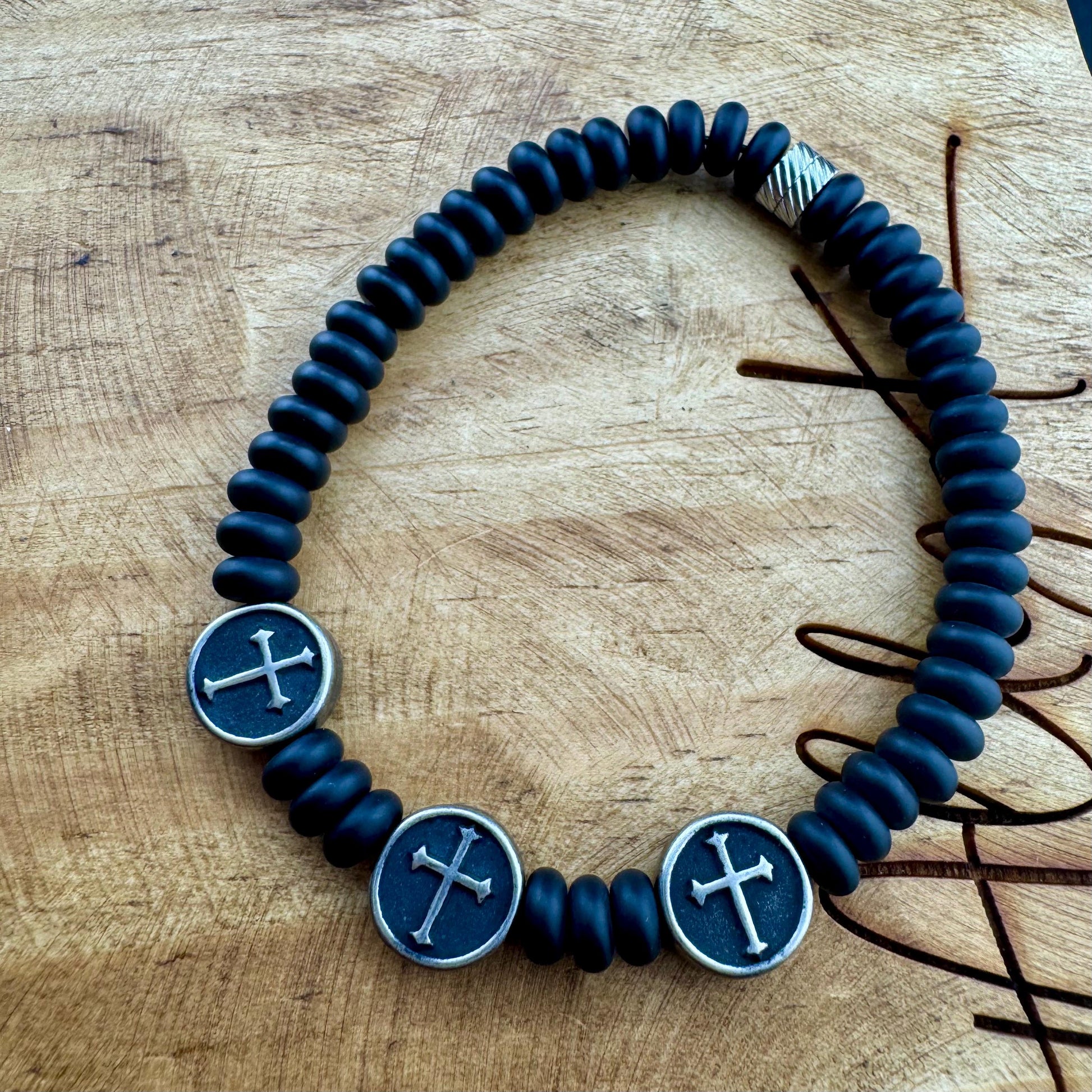 Onyx Stretch Bracelet with Stainless Steel Crosses, Stretch Gemstone Jewelry