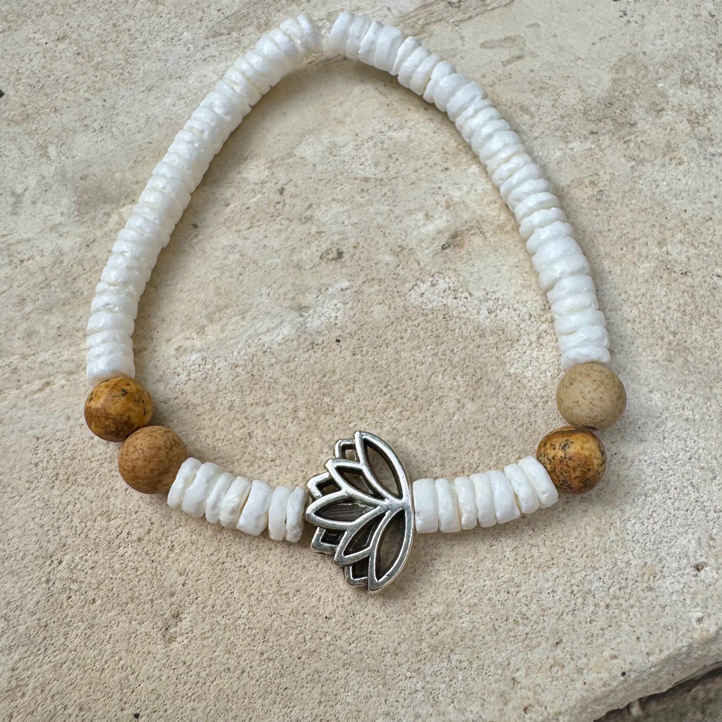 Jasper and White Seashell Lotus Charm Stretch Bracelet
