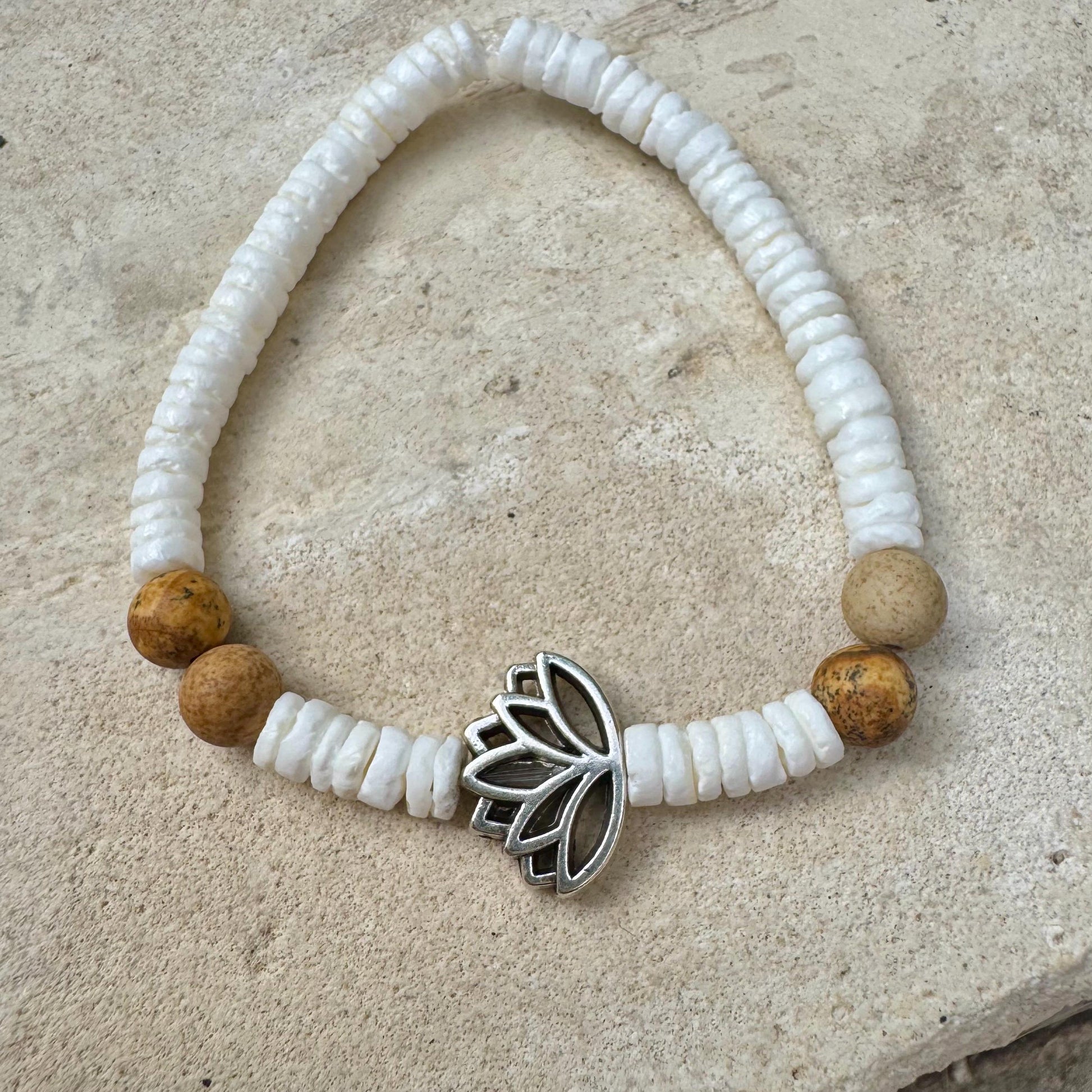 Jasper and White Seashell Lotus Charm Stretch Bracelet