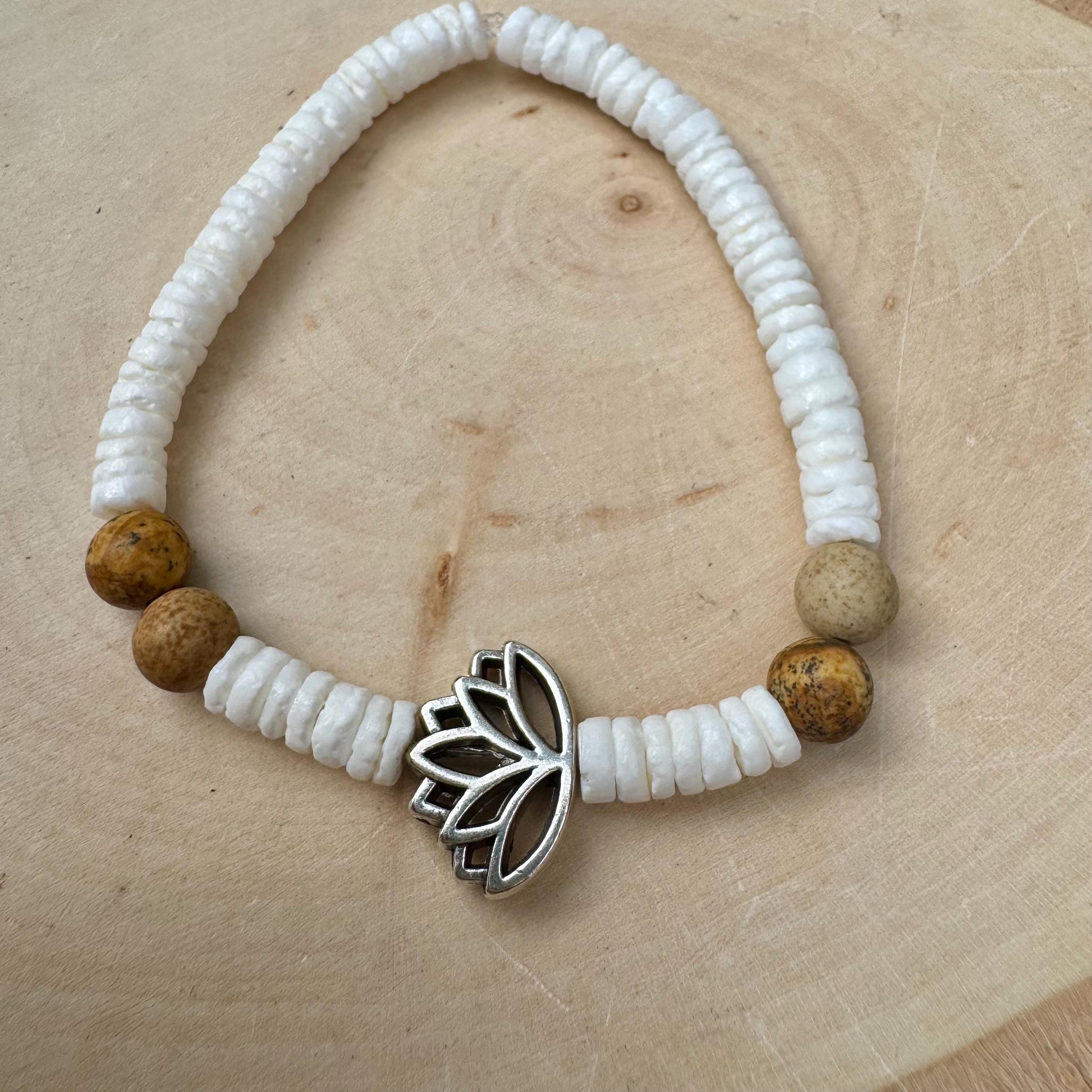 Jasper and White Seashell Lotus Charm Stretch Bracelet