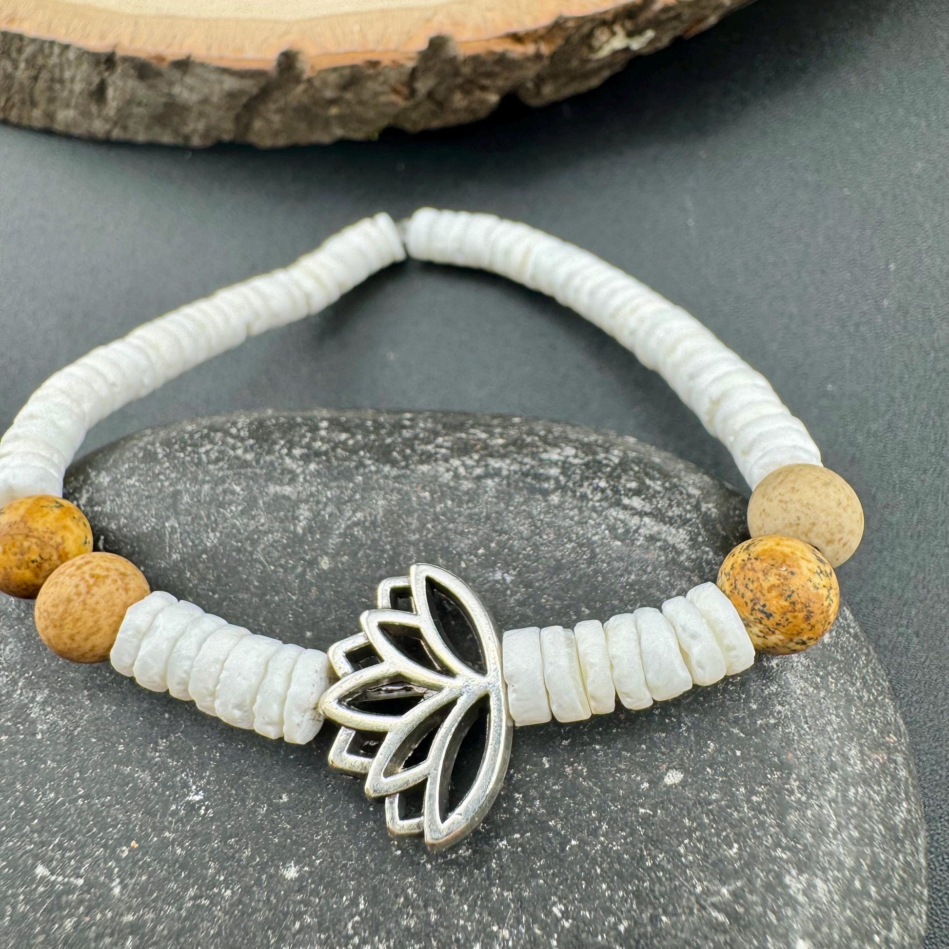 Jasper and White Seashell Lotus Charm Stretch Bracelet