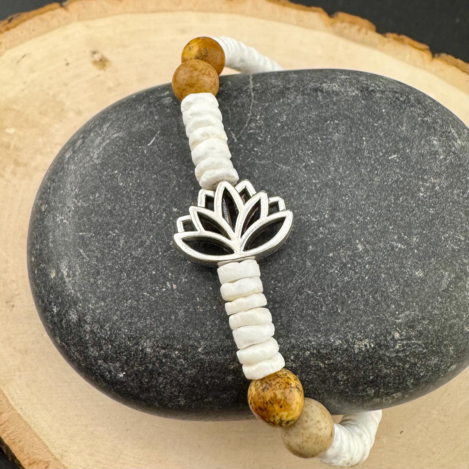 Jasper and White Seashell Lotus Charm Stretch Bracelet