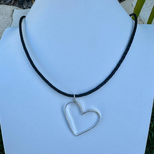 Handmade Sterling Silver Heart Pendant on Genuine Braided Leather Necklace