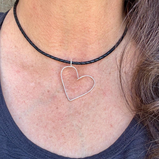 Handmade Sterling Silver Heart Pendant on Genuine Braided Leather Necklace