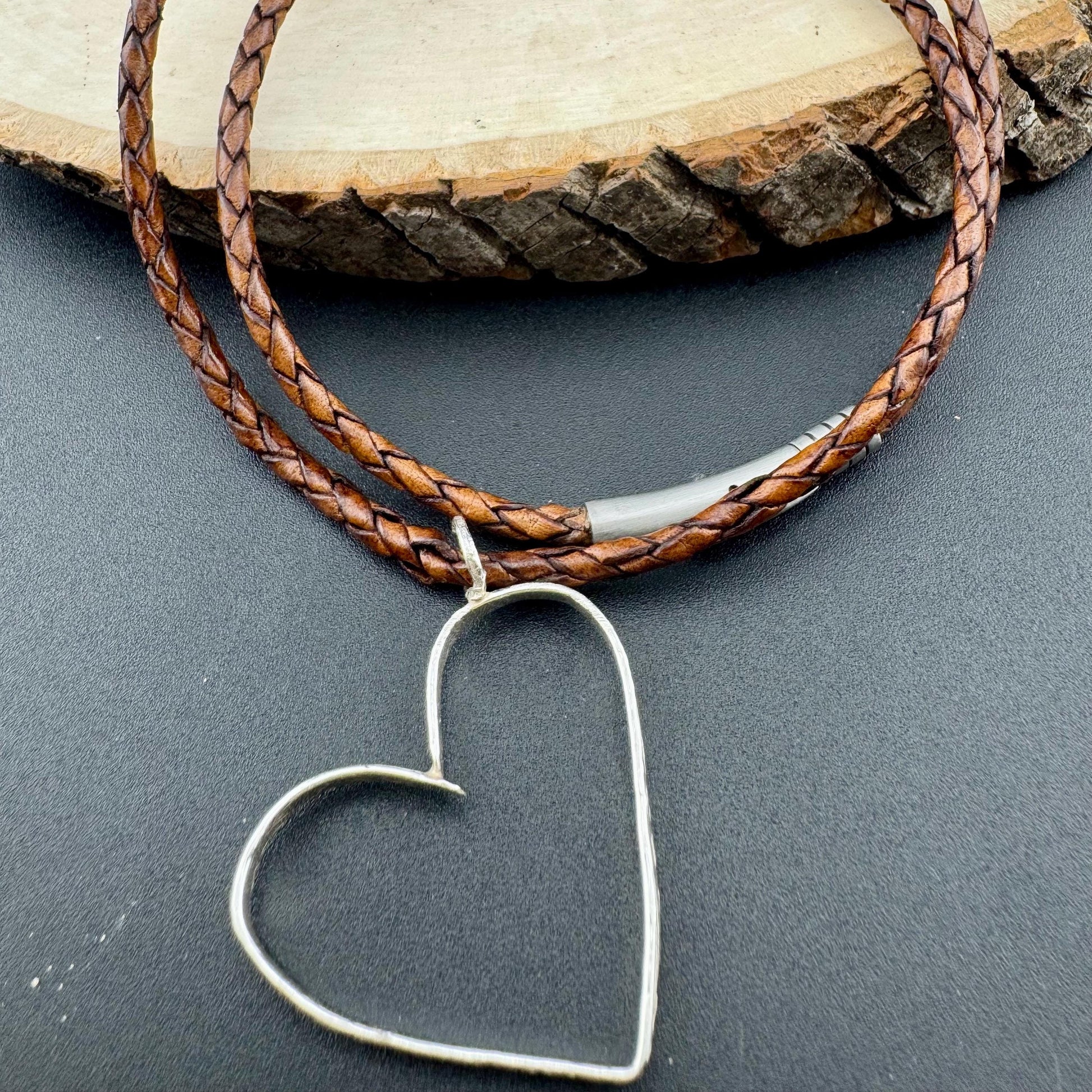 Handmade Sterling Silver Heart Pendant on Genuine Braided Leather Necklace