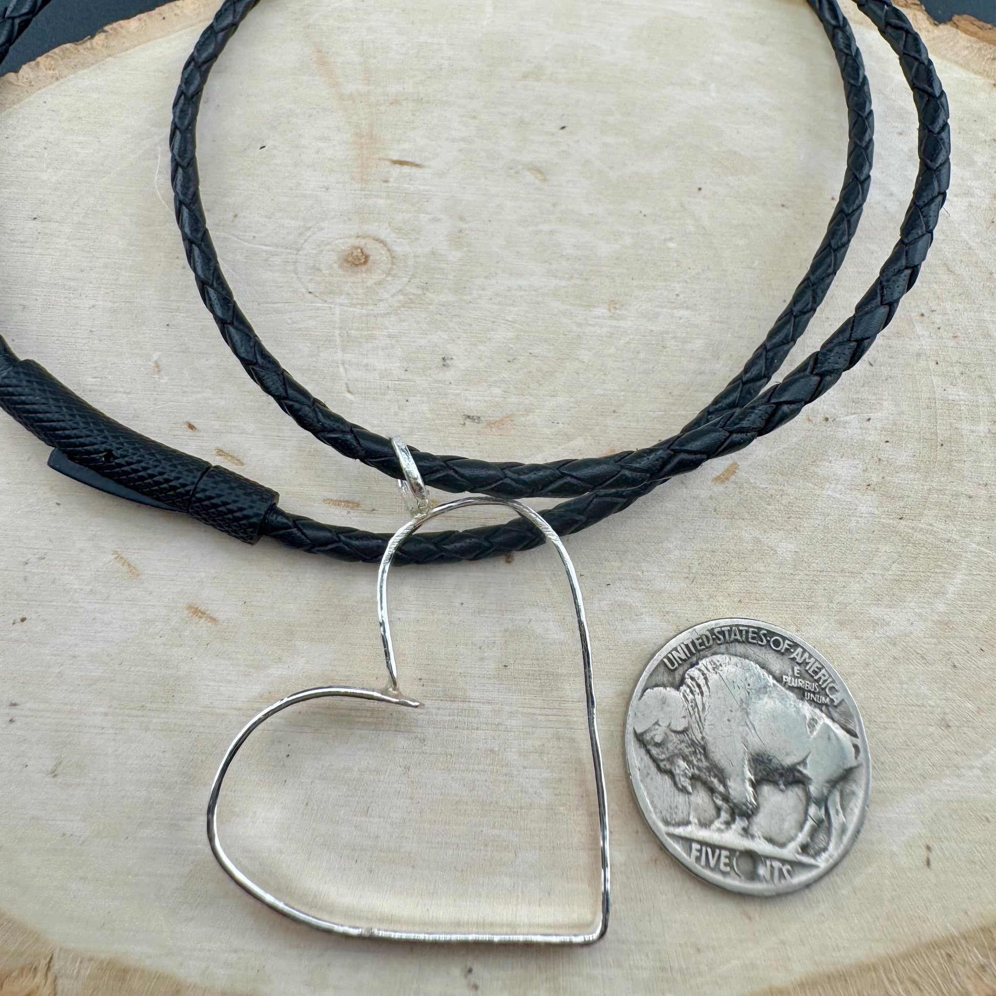 Handmade Sterling Silver Heart Pendant on Genuine Braided Leather Necklace