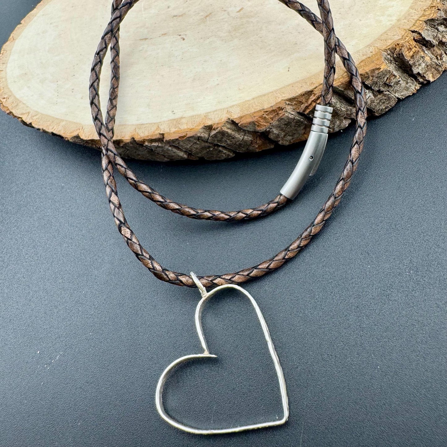 Handmade Sterling Silver Heart Pendant on Genuine Braided Leather Necklace