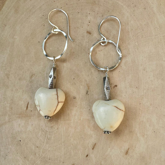 Turquoise Howlite Heart Gemstone Earrings on Sterling Silver Circle, Sterling Silver Gemstone Earrings