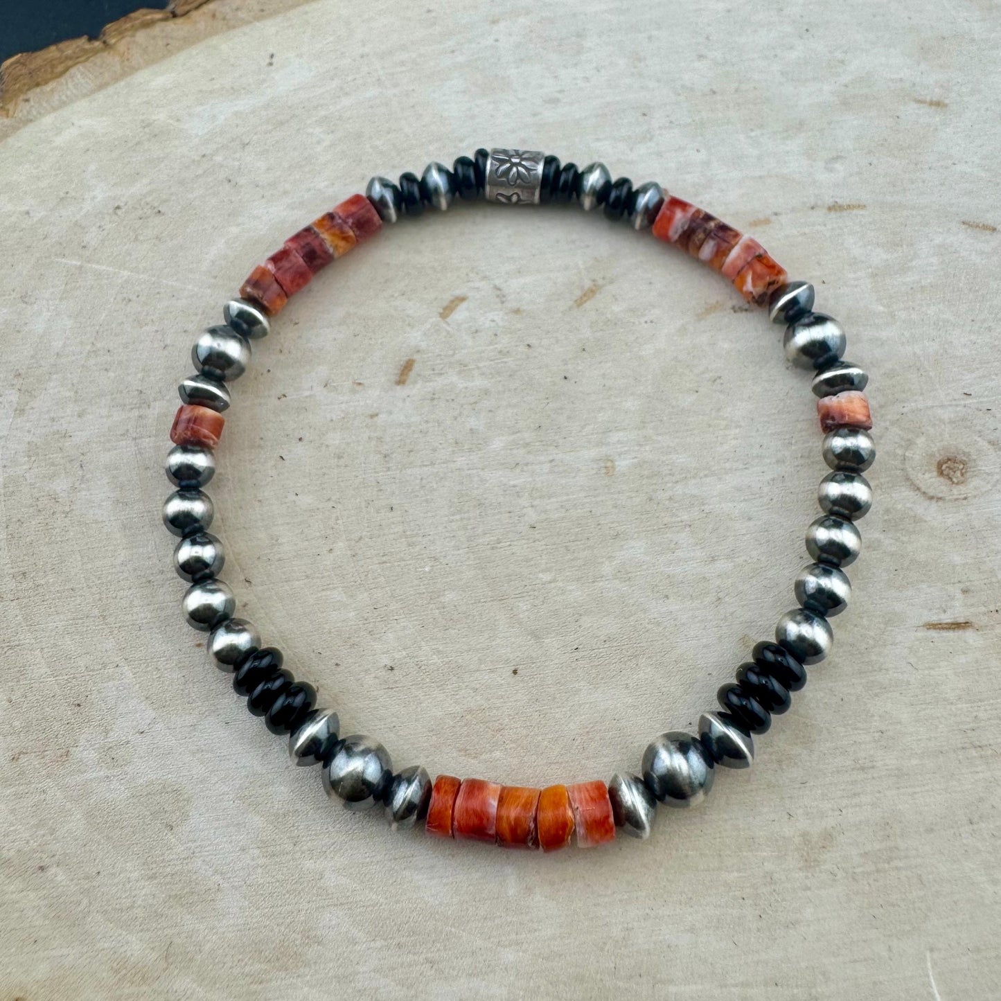 Stretch Navajo Pearl Bracelet with Onyx and Spiny Oyster Gemstones, Sterling Silver Beaded Gemstone Bracelet