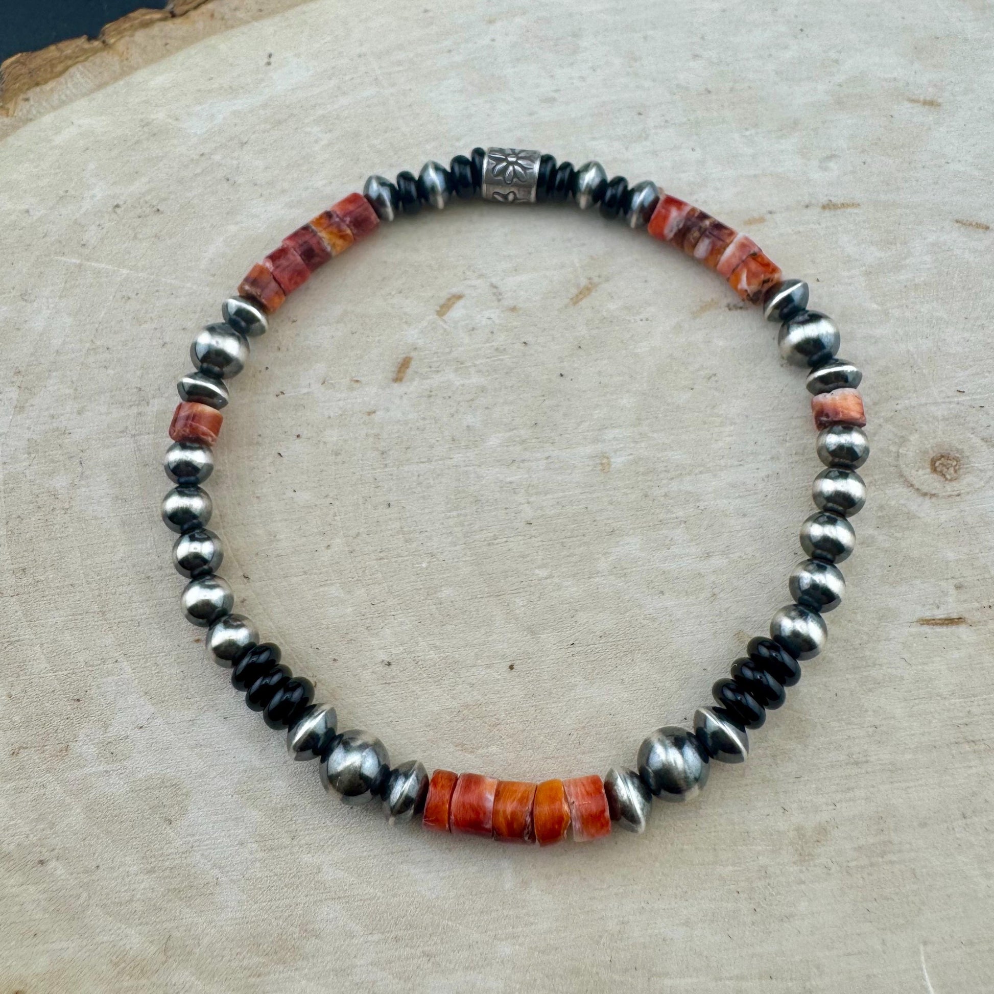 Stretch Navajo Pearl Bracelet with Onyx and Spiny Oyster Gemstones, Sterling Silver Beaded Gemstone Bracelet