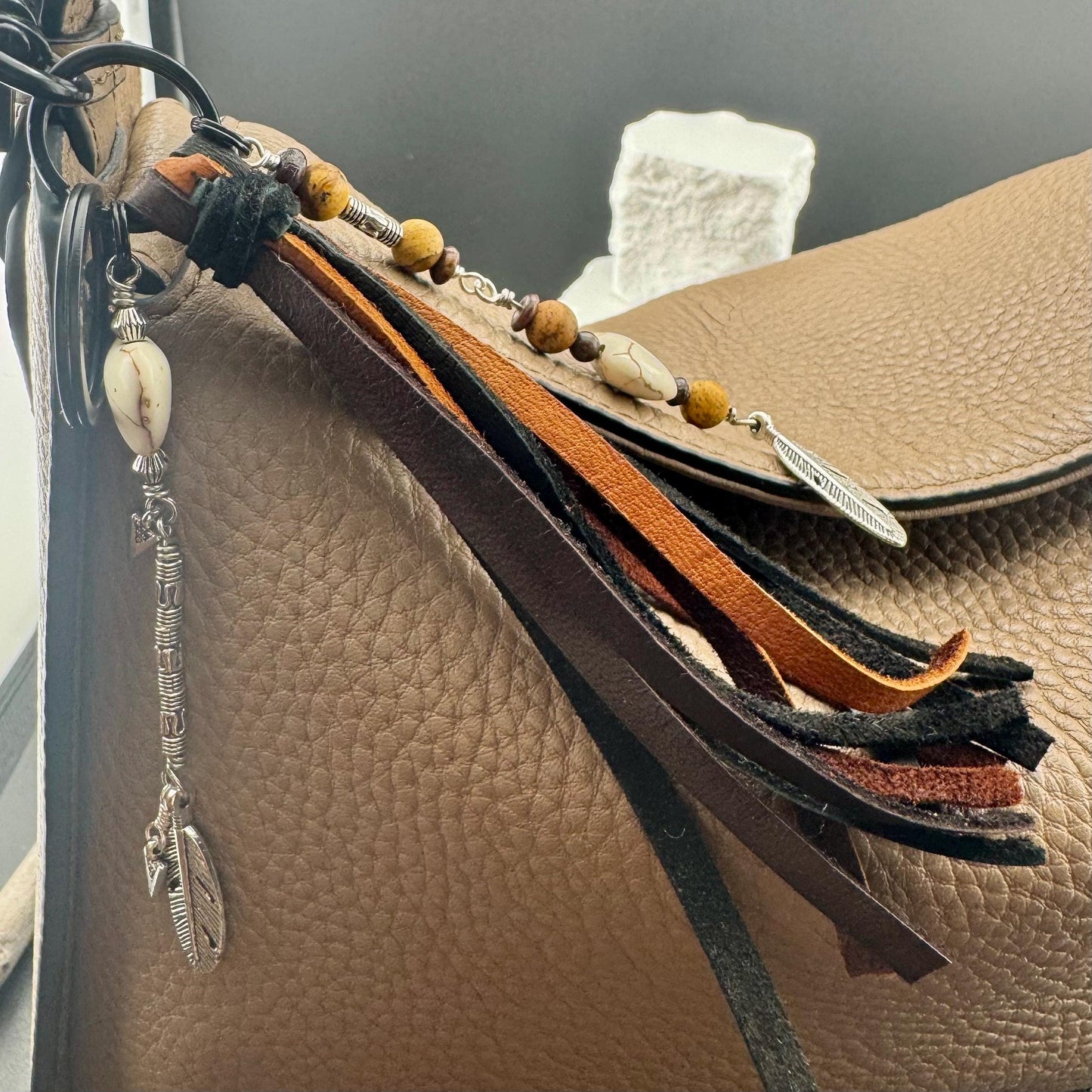 White Turquoise Heart Leather Tassel Charm for Southwest Purse Accessory
