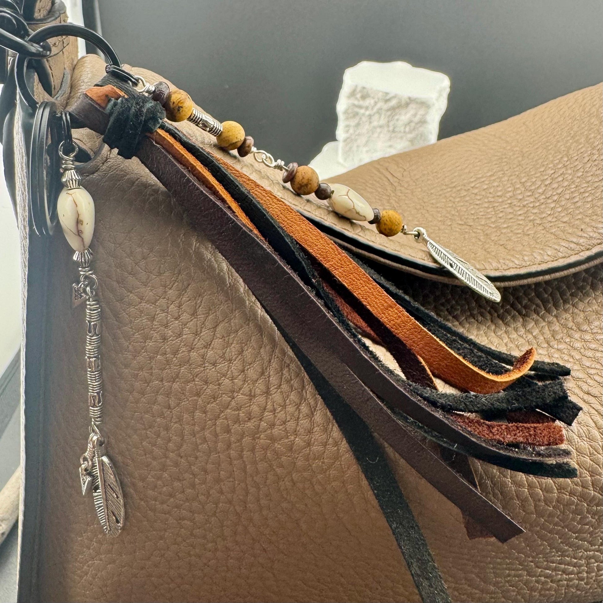 White Turquoise Heart Leather Tassel Charm for Southwest Purse Accessory