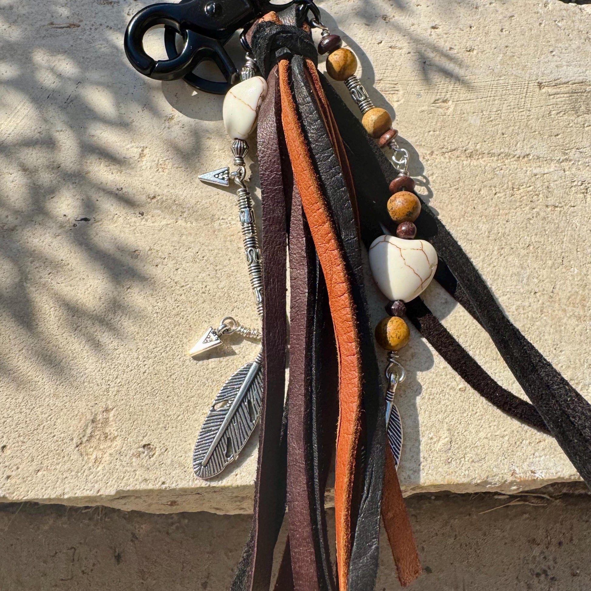 White Turquoise Heart Leather Tassel Charm for Southwest Purse Accessory