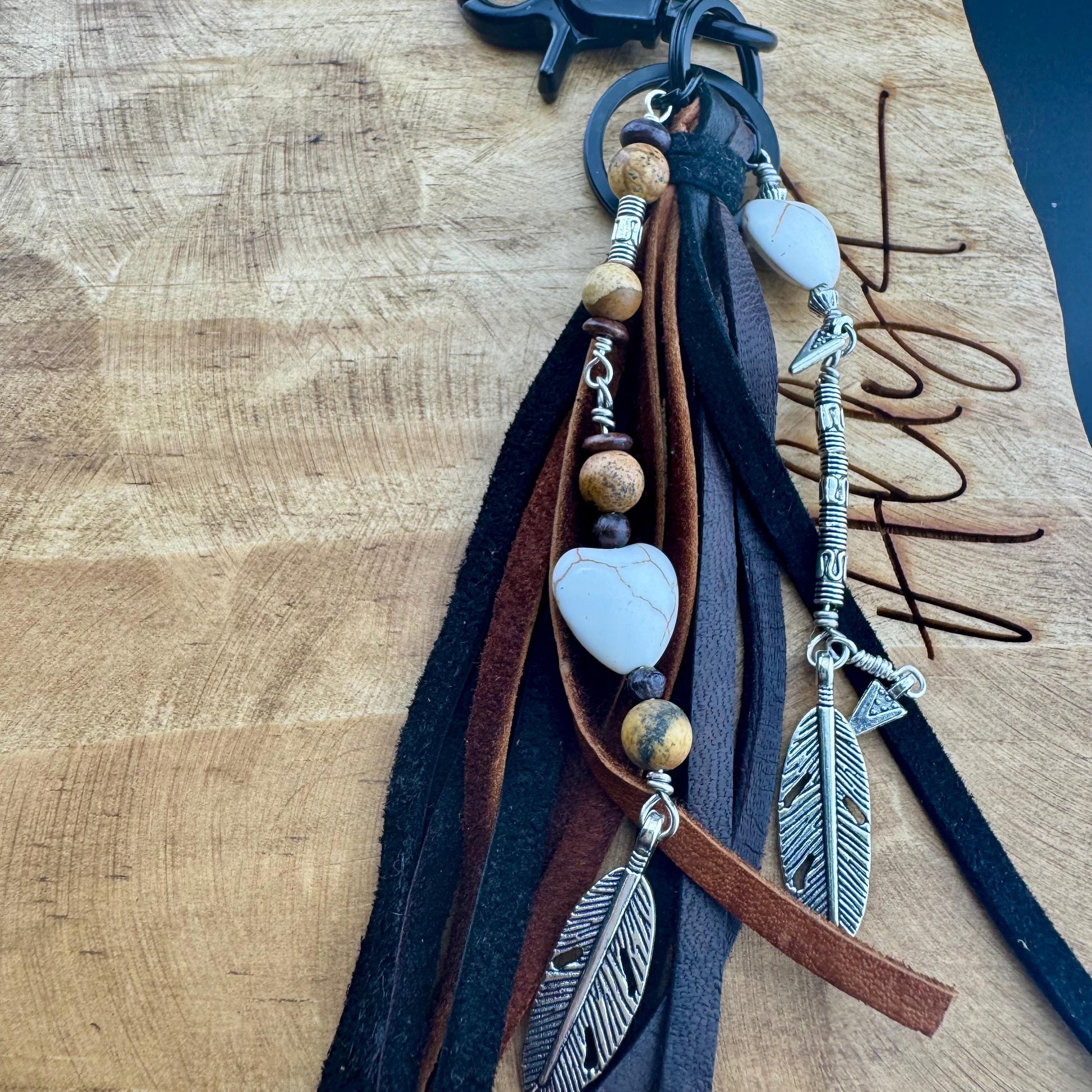 White Turquoise Heart Leather Tassel Charm for Southwest Purse Accessory