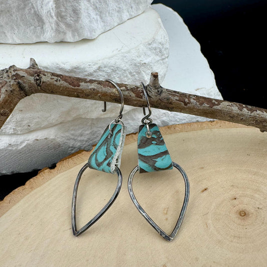 Turquoise Leather Earrings, Teardrop Earrings, Hammered Style, Genuine Leather Earrings, Women's Gift, Stylish Jewelry