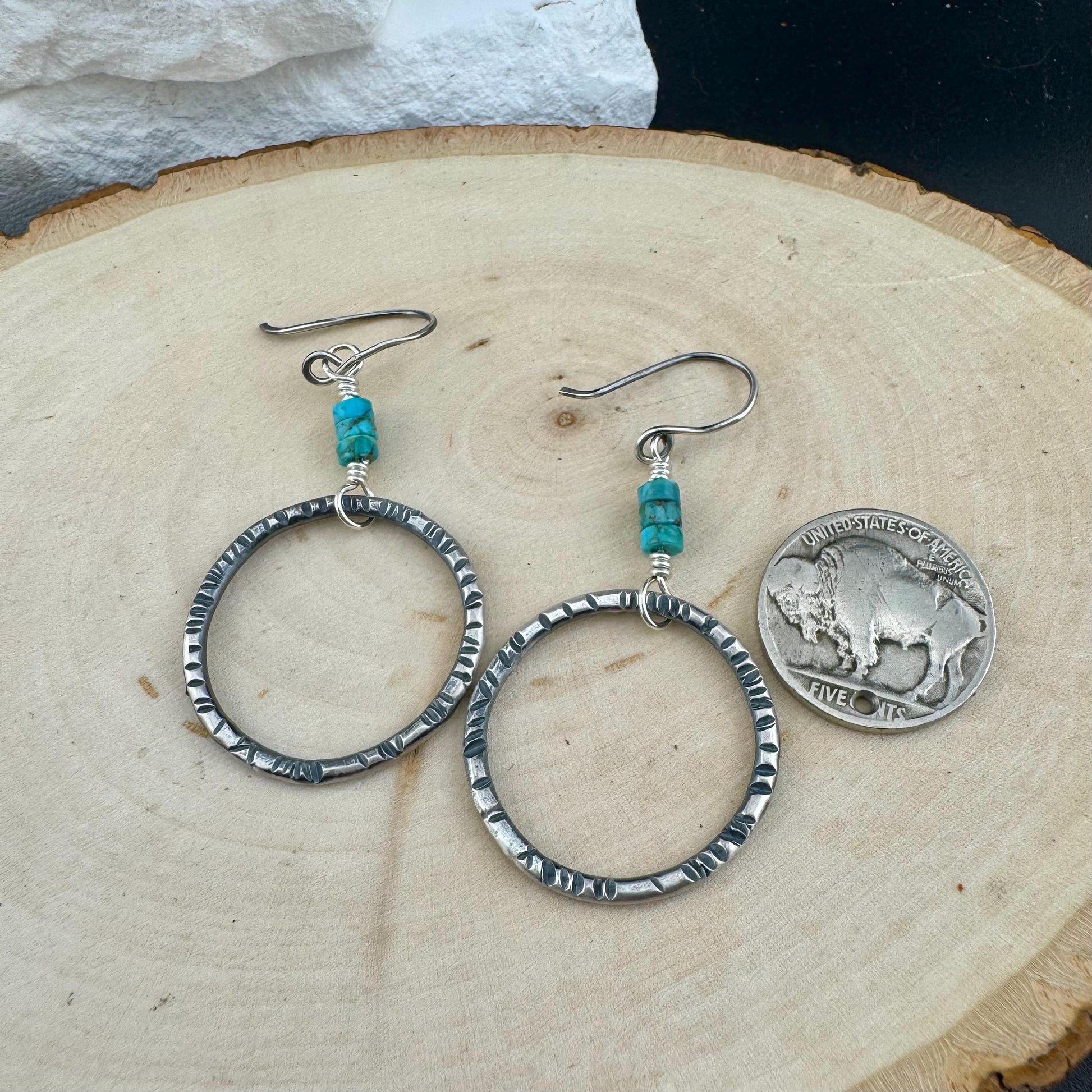Turquoise Earrings, Sterling Silver Circles, Handmade Jewelry, Turquoise Jewelry, Circle Earrings