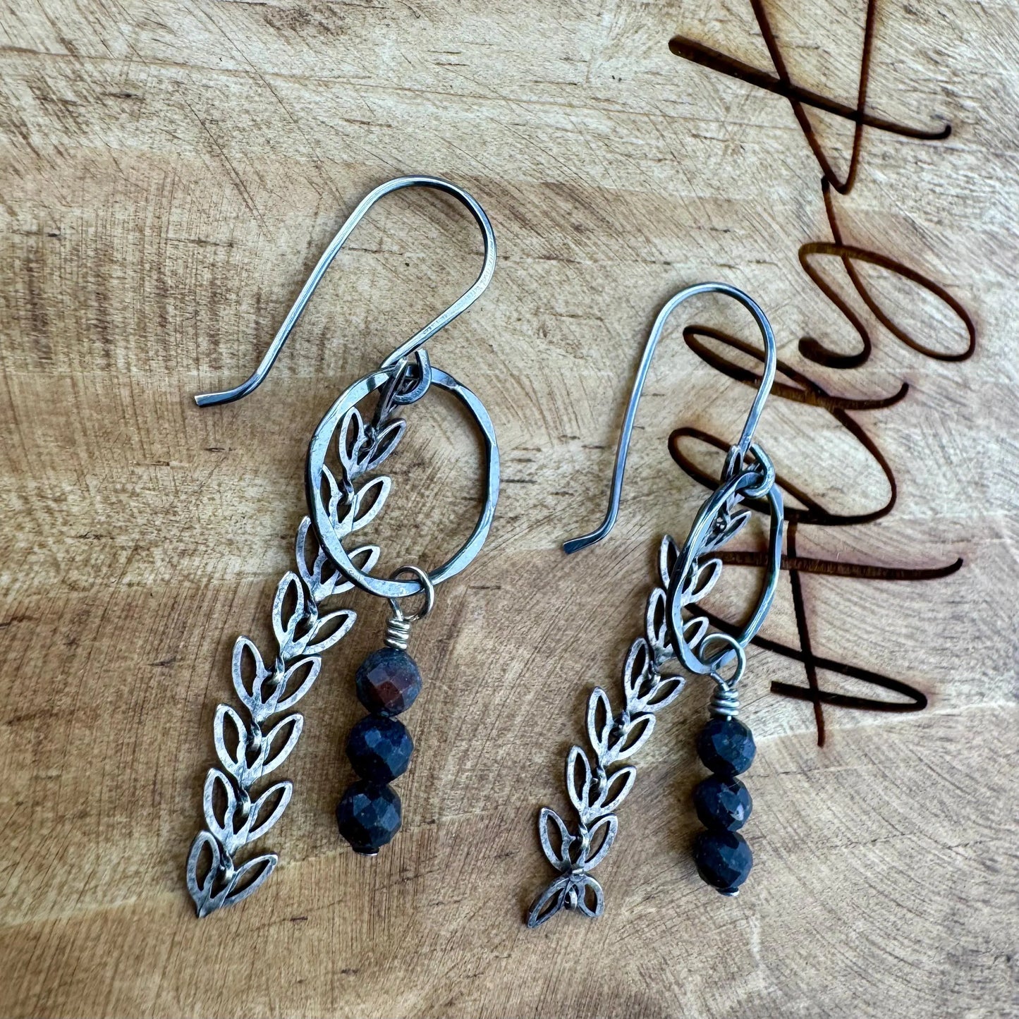 Handmade Australian Black Opal Sterling Silver Chain Circle Earrings