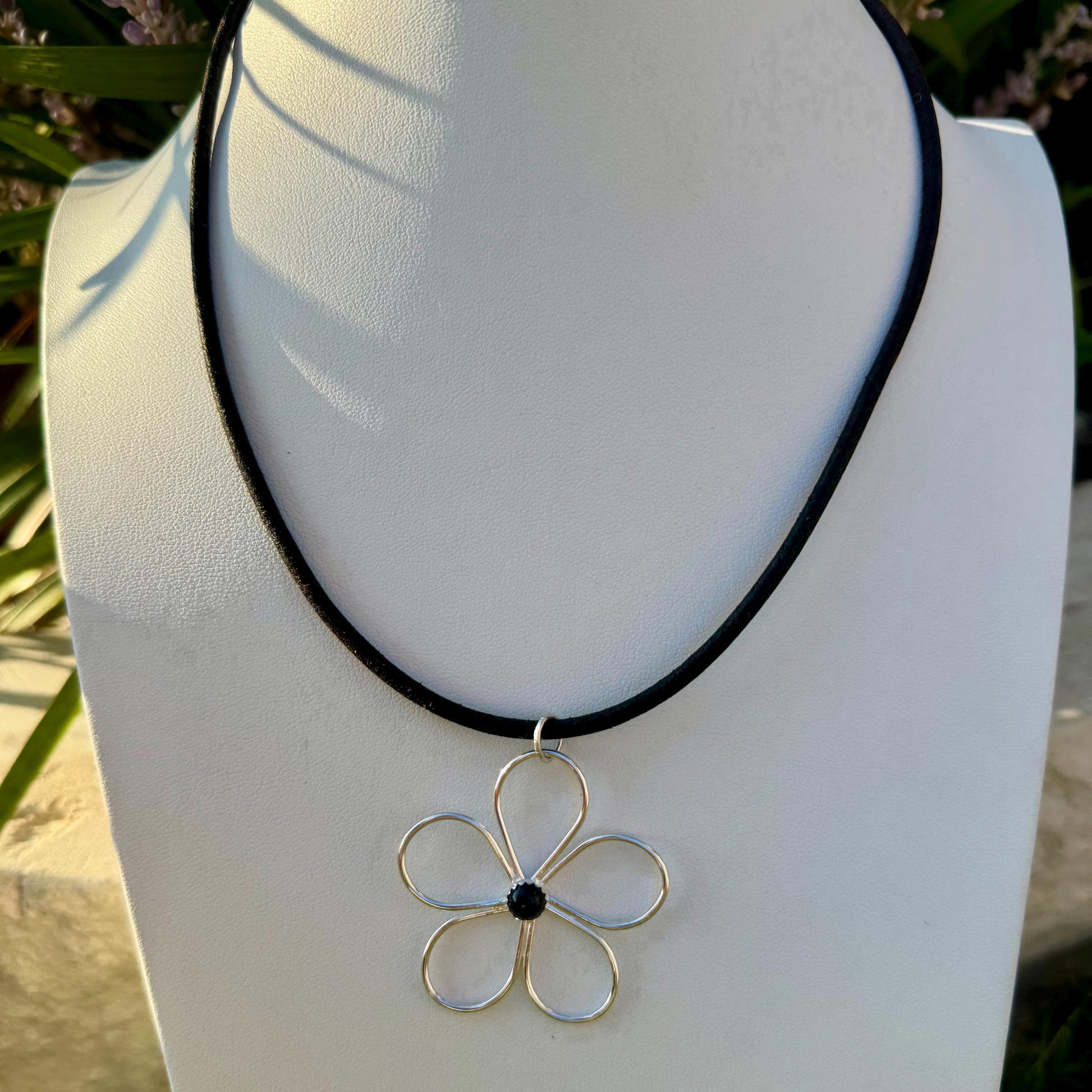 Handmade Sterling Silver Flower Black OnyxPendant on Genuine Leather Necklace