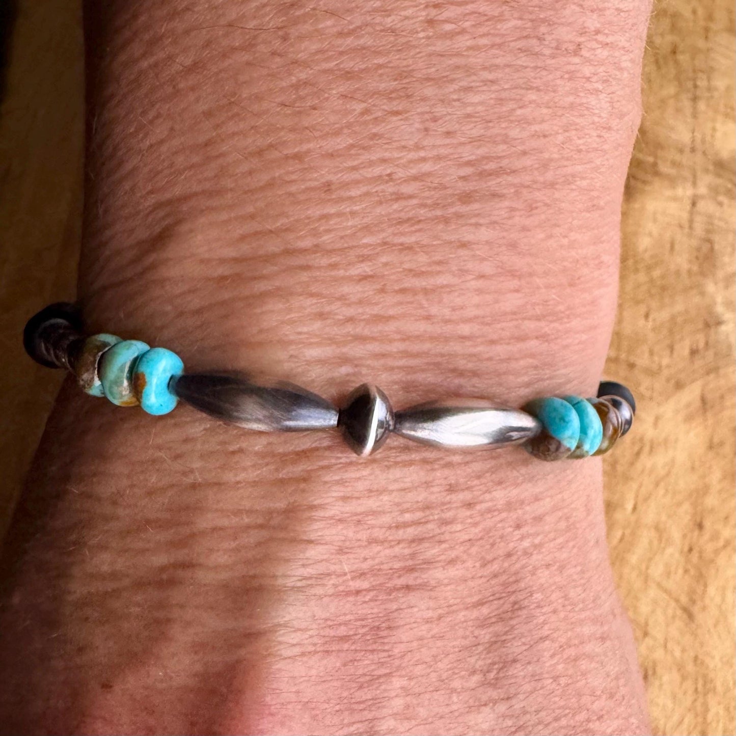 Southwestern Kingman Turquoise Onyx Bracelet - Navajo Pearl Sterling Silver Jewelry