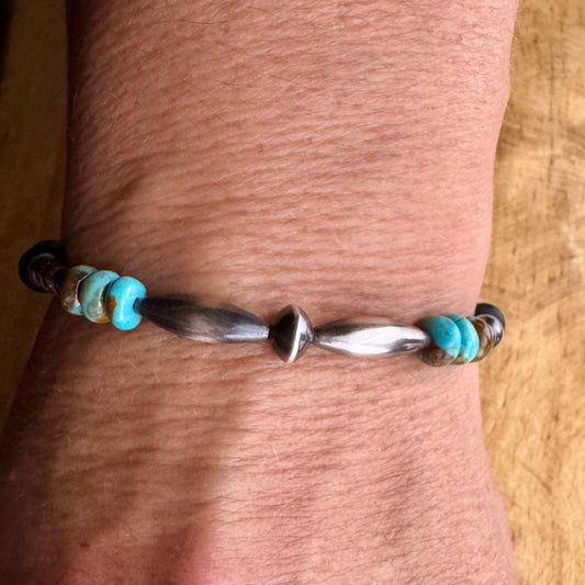 Southwestern Kingman Turquoise Onyx Bracelet - Navajo Pearl Sterling Silver Jewelry