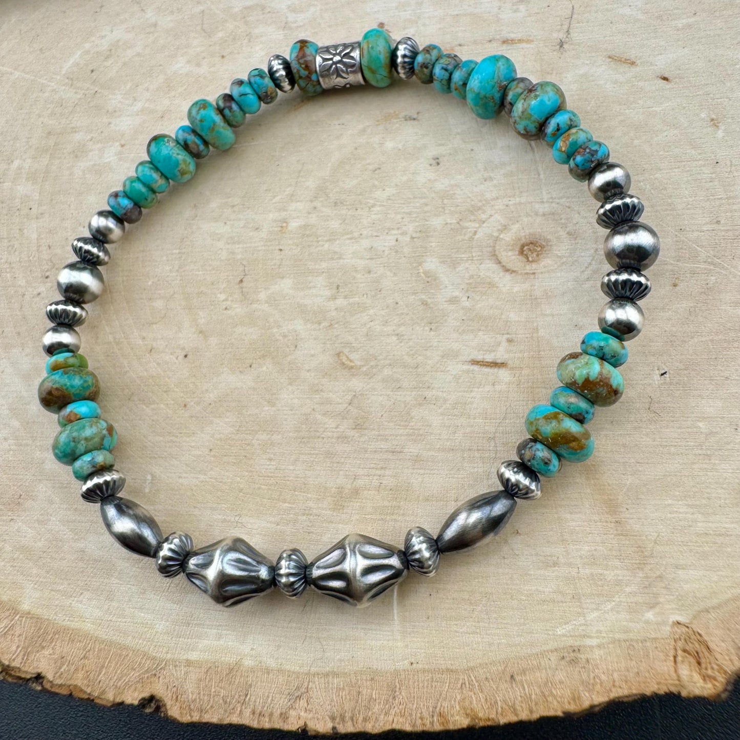 Kingman Turquoise Navajo Pearl Sterling Silver Stretch Bracelet - Turquoise Gemstone Jewelry