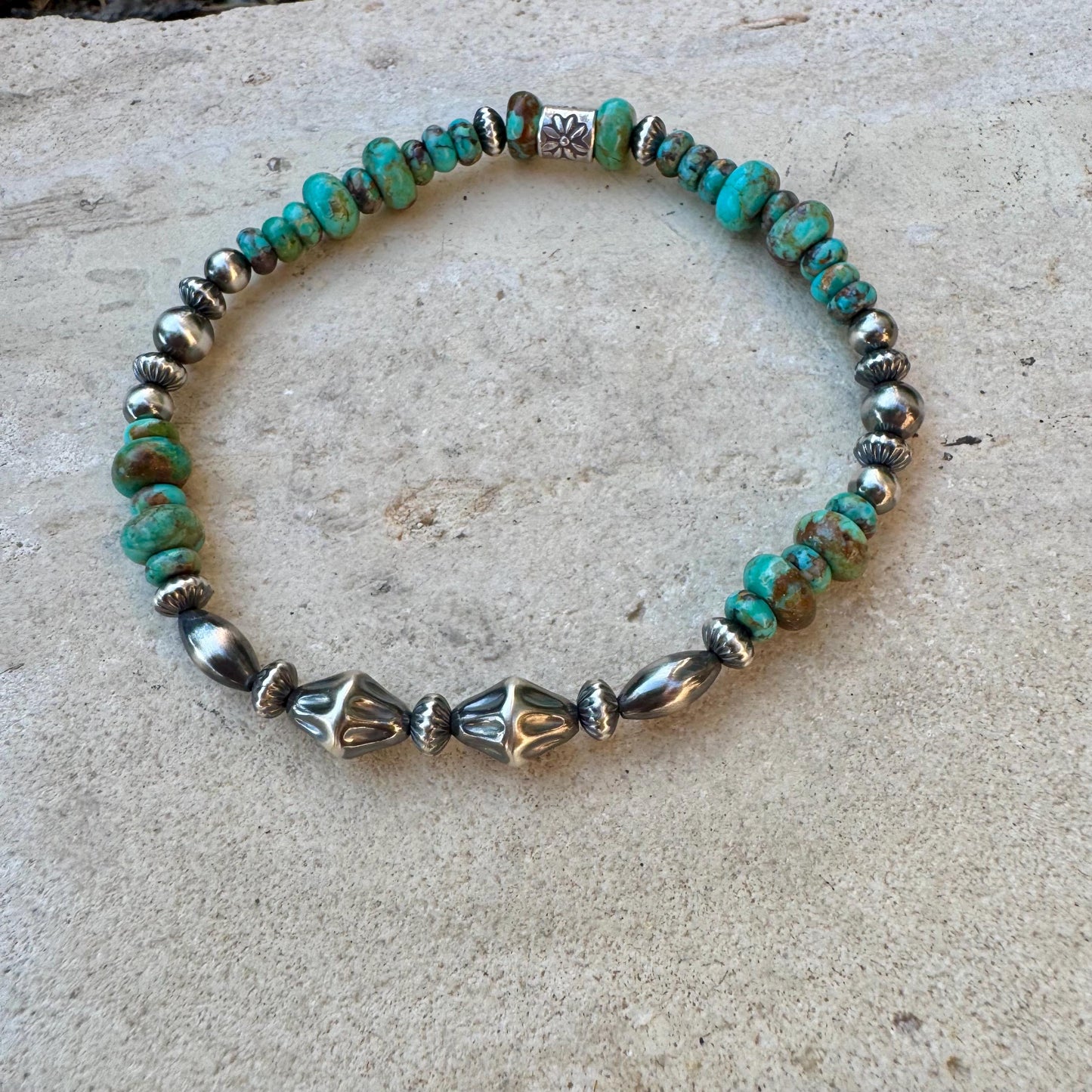 Kingman Turquoise Navajo Pearl Sterling Silver Stretch Bracelet - Turquoise Gemstone Jewelry