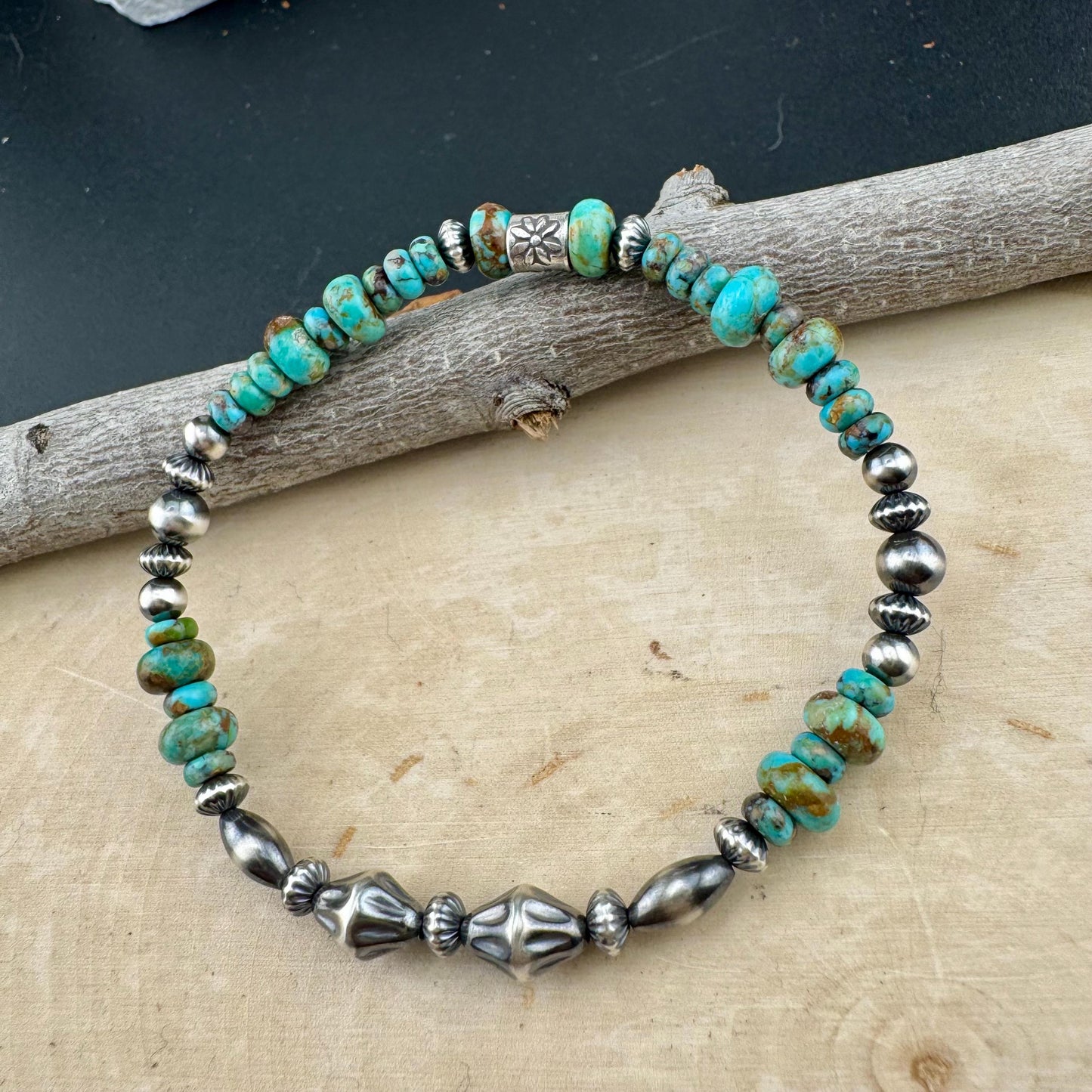 Kingman Turquoise Navajo Pearl Sterling Silver Stretch Bracelet - Turquoise Gemstone Jewelry