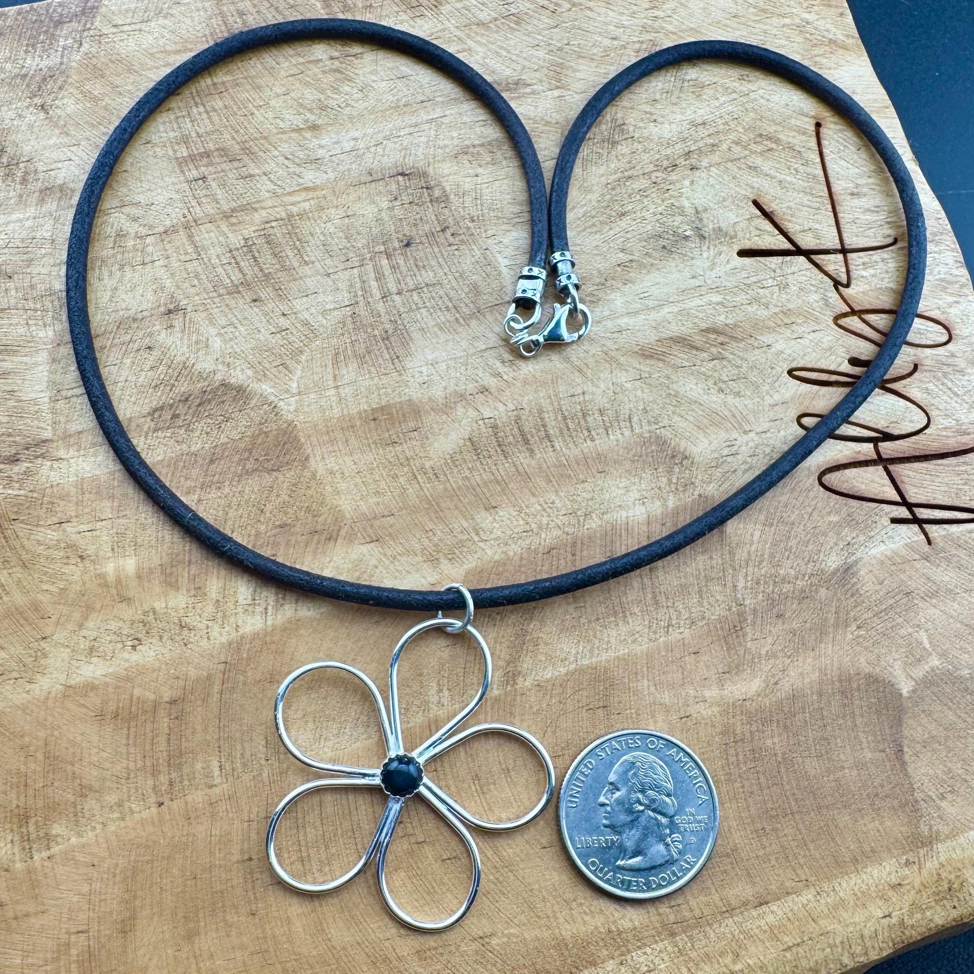 Handmade Sterling Silver Flower Black OnyxPendant on Genuine Leather Necklace
