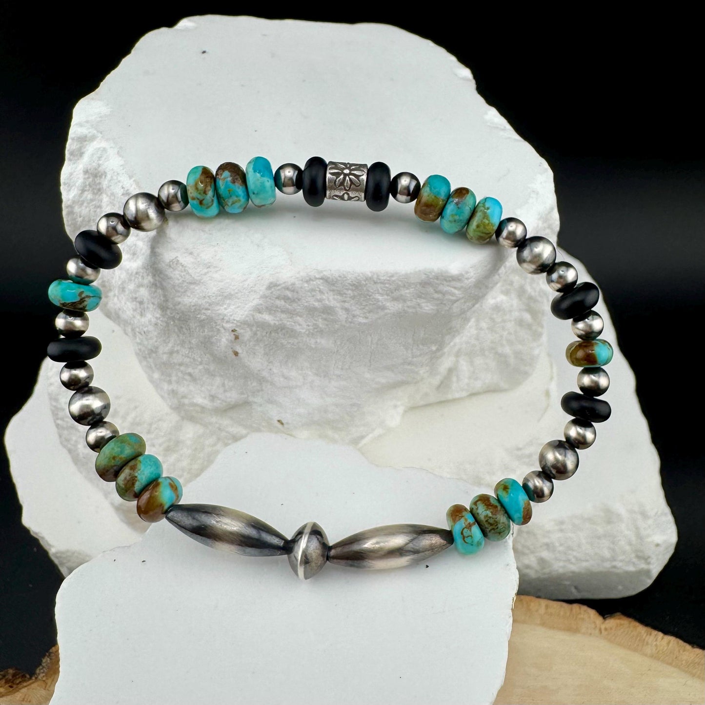 Southwestern Kingman Turquoise Onyx Bracelet - Navajo Pearl Sterling Silver Jewelry