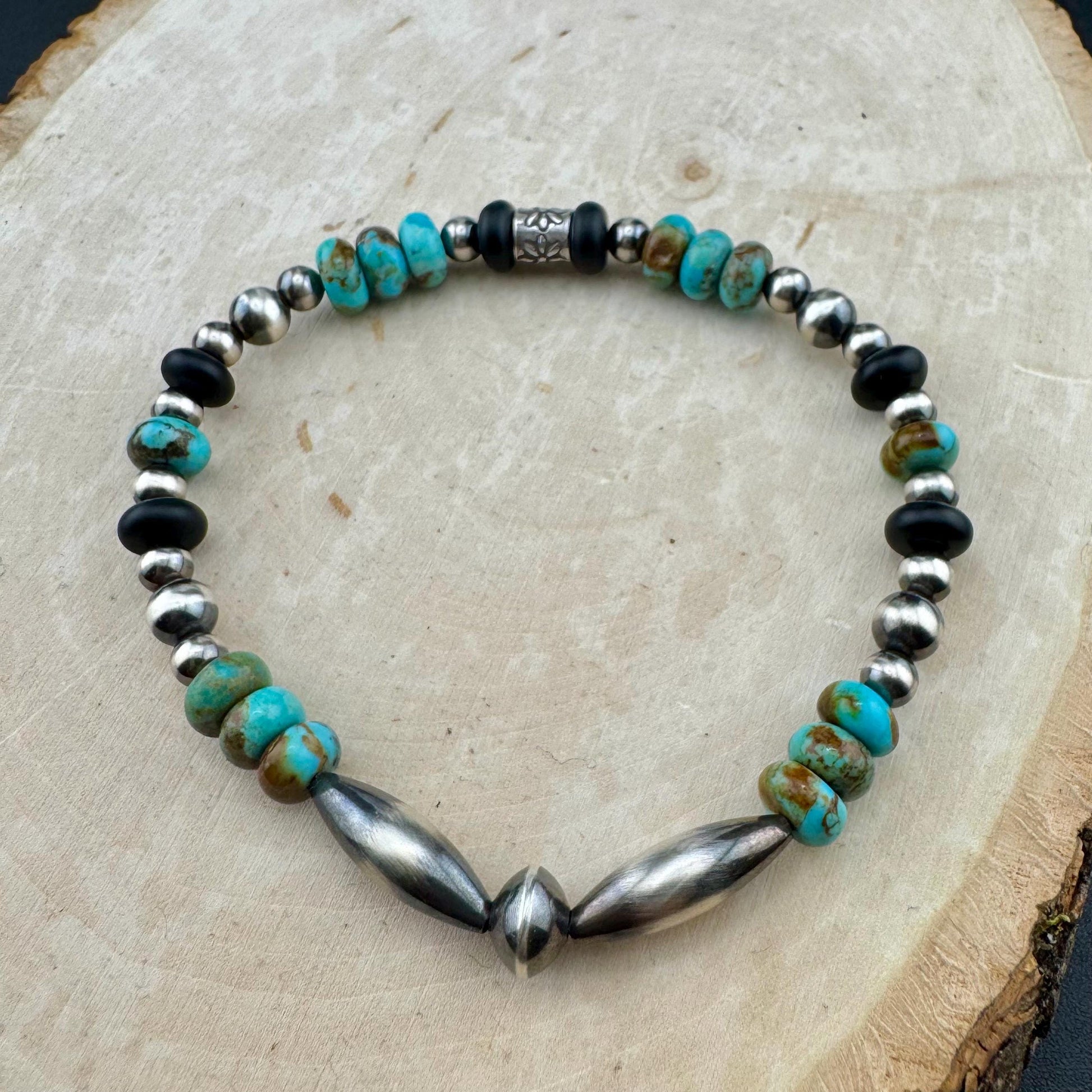 Southwestern Kingman Turquoise Onyx Bracelet - Navajo Pearl Sterling Silver Jewelry