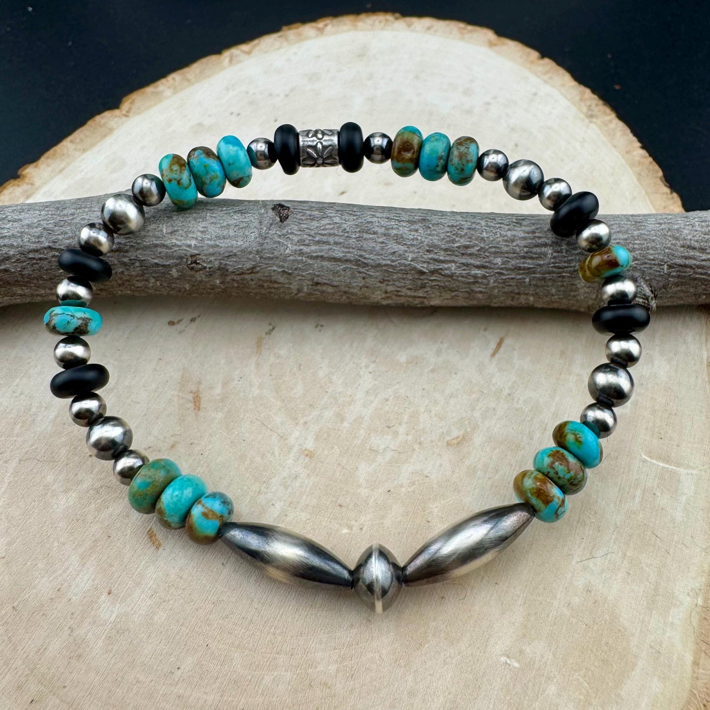 Southwestern Kingman Turquoise Onyx Bracelet - Navajo Pearl Sterling Silver Jewelry