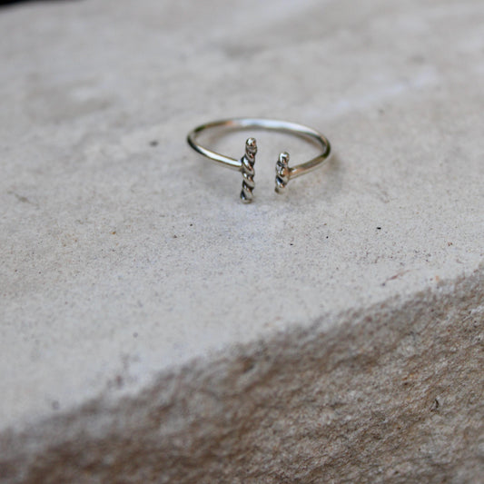 Modern Uneven Rope Vertical Bar Sterling Silver Ring - Handmade Geometric Open Band, Adjustable Ring