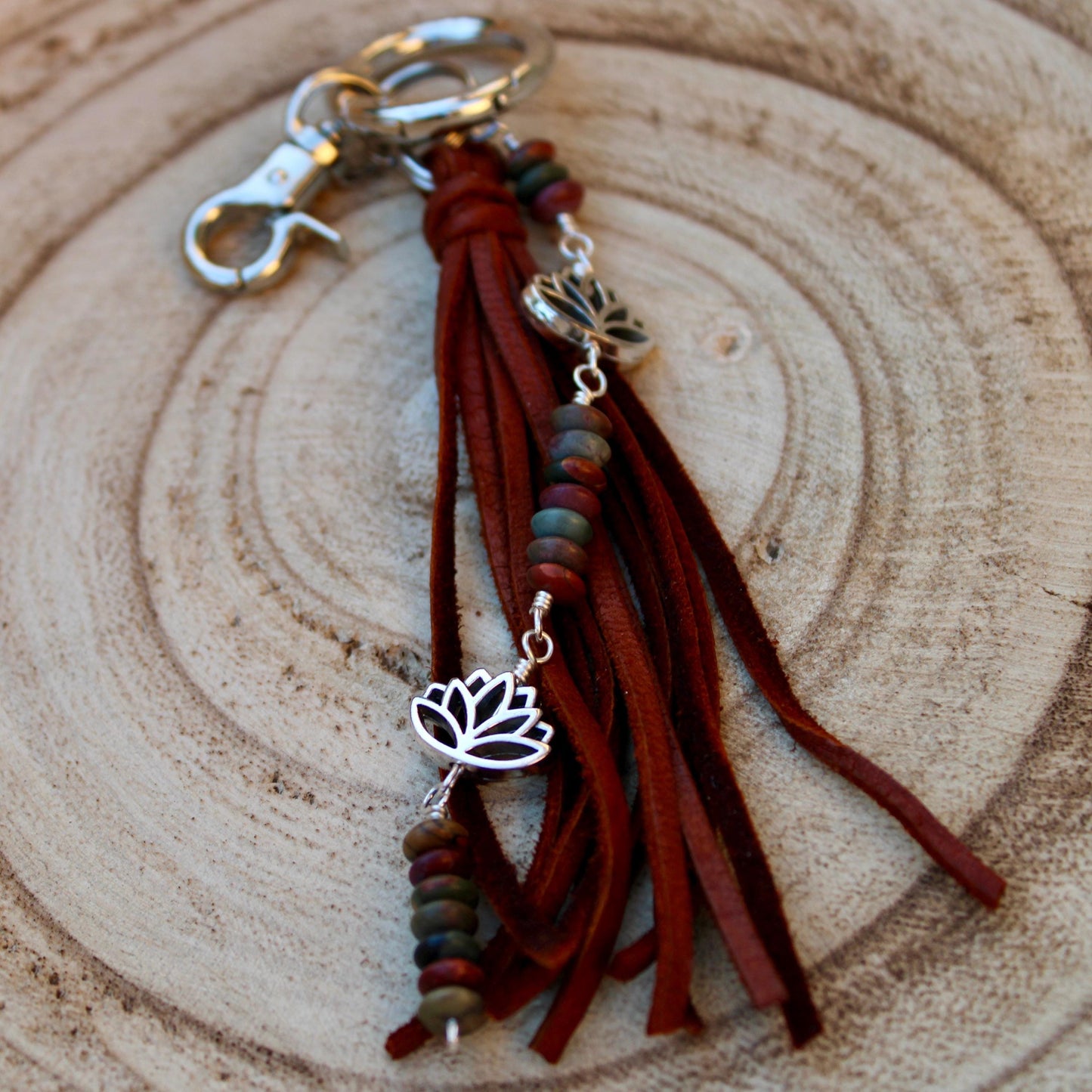 Picasso Red Creek Jasper Leather Purse Charm - Leather Lotus Flower Beaded Handbag Tassel