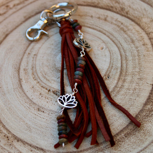 Picasso Red Creek Jasper Leather Purse Charm - Leather Lotus Flower Beaded Handbag Tassel